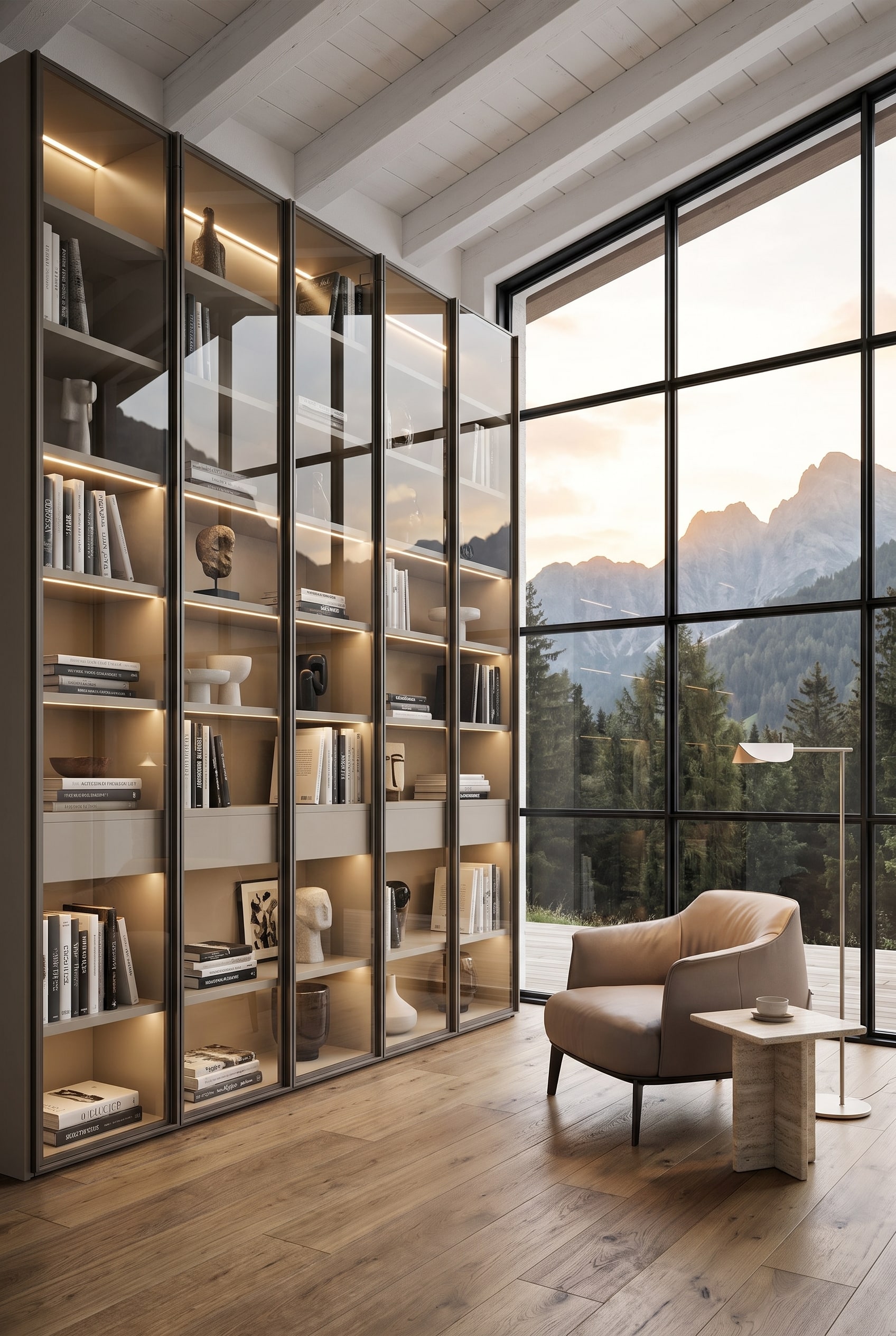 Ampio soggiorno con libreria a tutta parete con ante in vetro chiuse e libri