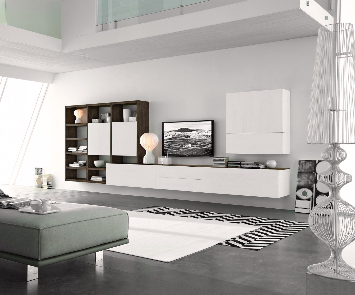 Exklusive Livitalia Design Wohnwand C96B in Weiß Matt Eiche Braun Exklusive Livitalia Design Wohnwand C96B in Weiß Matt Eiche Braun