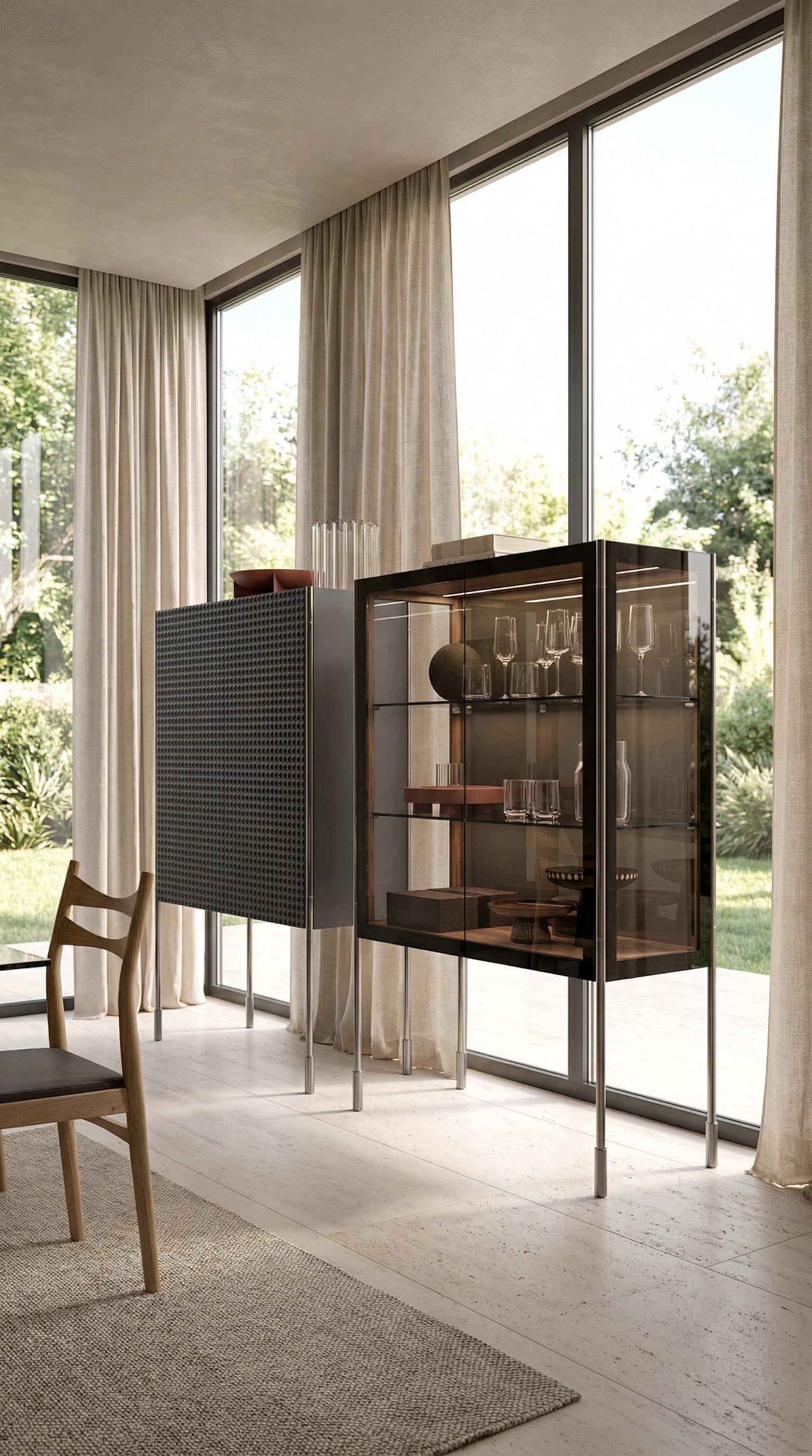 Schwarzes Highboard kombiniert mit einer eleganten Glasvitrine in einem hellen Raum