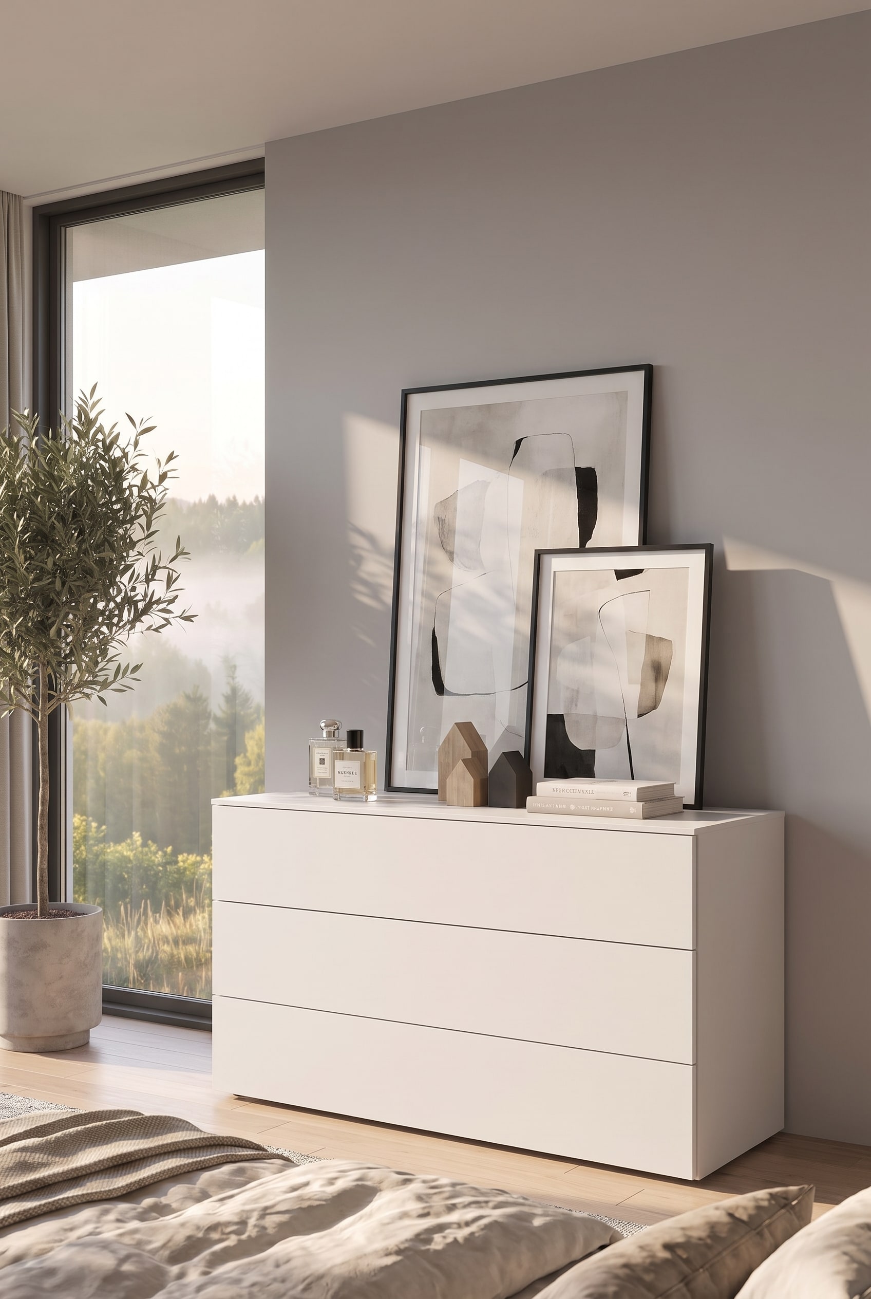 Zwei moderne, gerahmte Kunstwerke unterschiedlicher Gr&ouml;&szlig;e, die leicht &uuml;berlappend auf der Deckplatte einer geradlinigen Designer-Kommode an die Wand gelehnt sind.