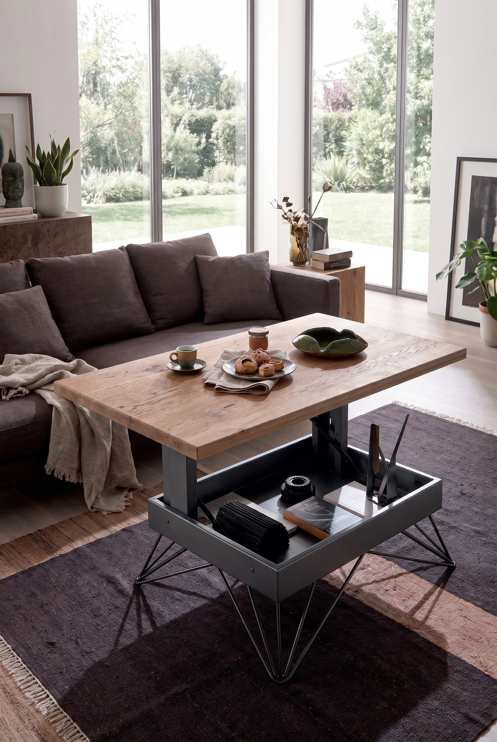 Woonkamer met donkerbruine bank en een in hoogte verstelbare salontafel met dik houten blad op geometrisch metalen onderstel