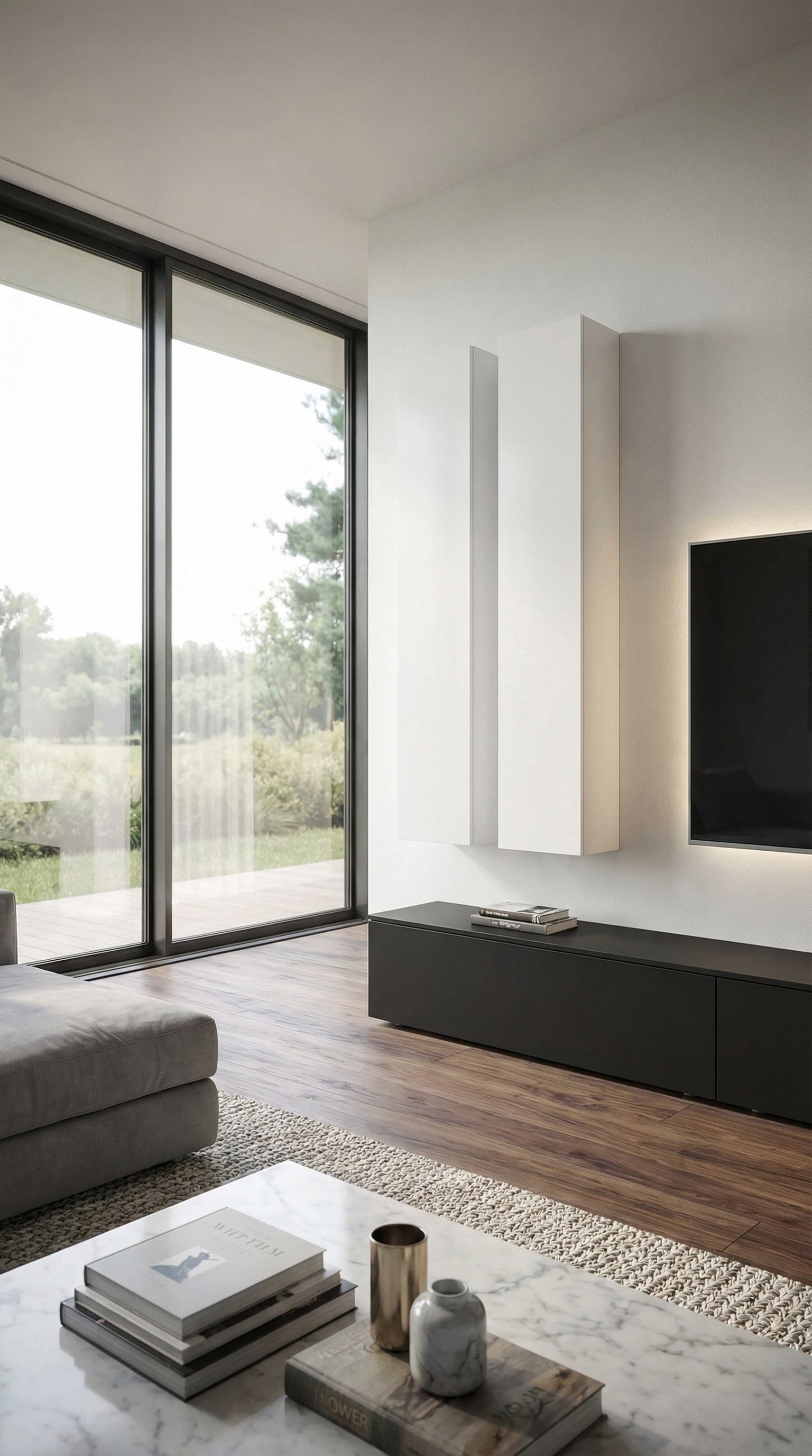 Meuble mural Livitalia C106 enti&egrave;rement suspendu dans un salon minimaliste