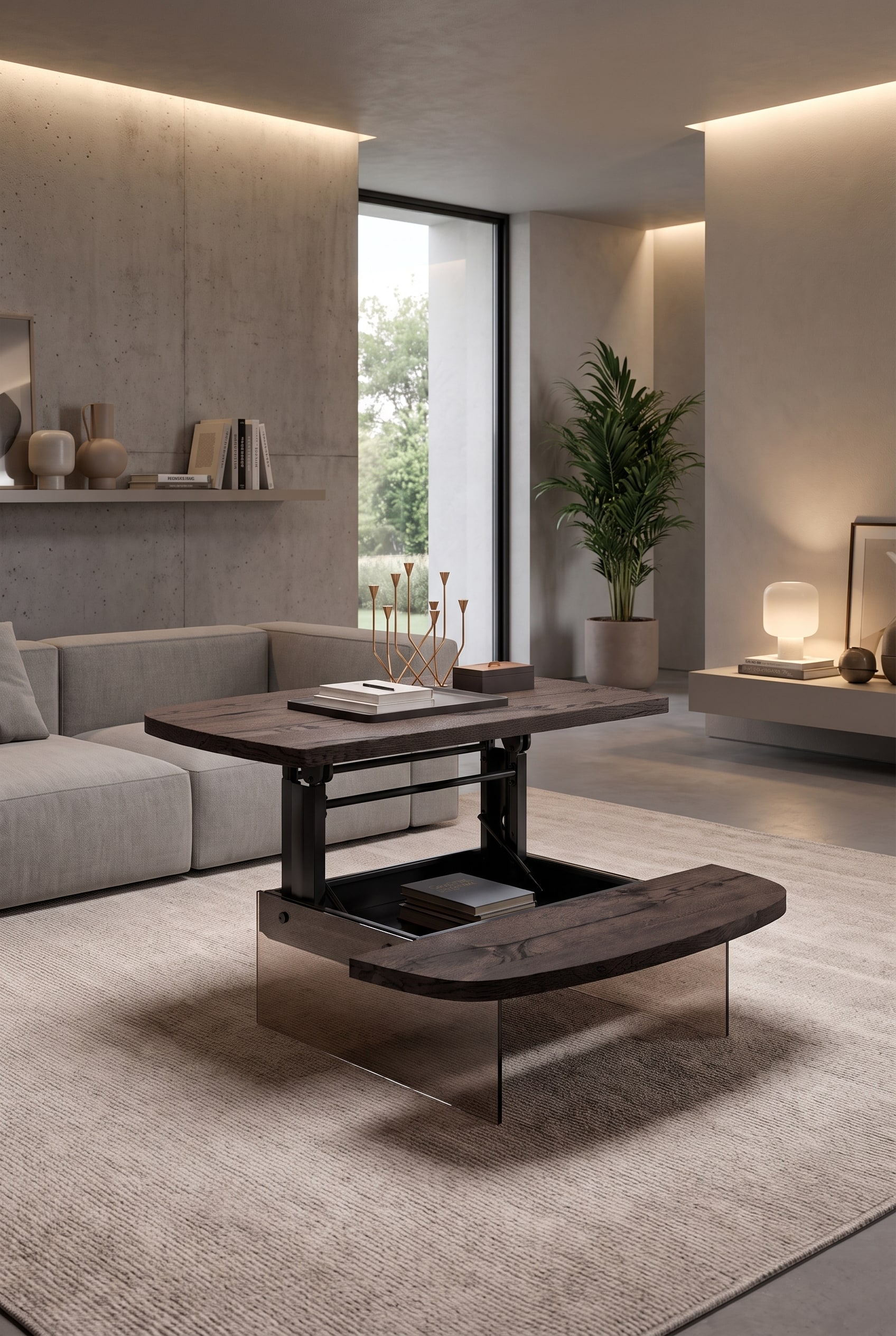 Modernes, kantiges Wohnzimmer mit dem elegant geschwungenen Ozzio Couchtisch Aurelius als weicher, visueller Kontrast in der Mitte des Raumes. Modernes, kantiges Wohnzimmer mit dem elegant geschwungenen Ozzio Couchtisch Aurelius als weicher, visueller Kontrast in der Mitte des Raumes.