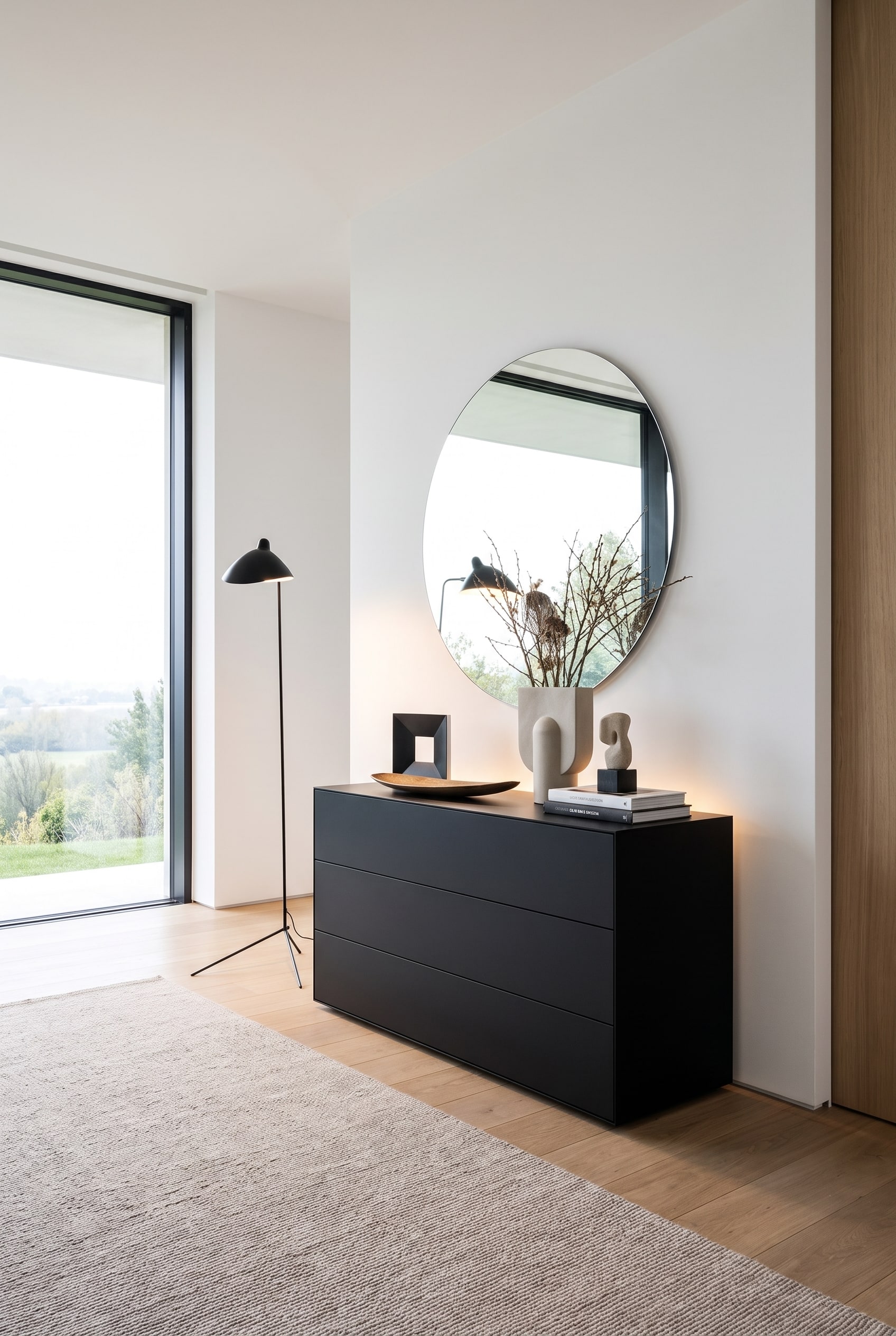 A matte, black chest of drawers in a modern, bright hallway, placed directly under a large round wall mirror.