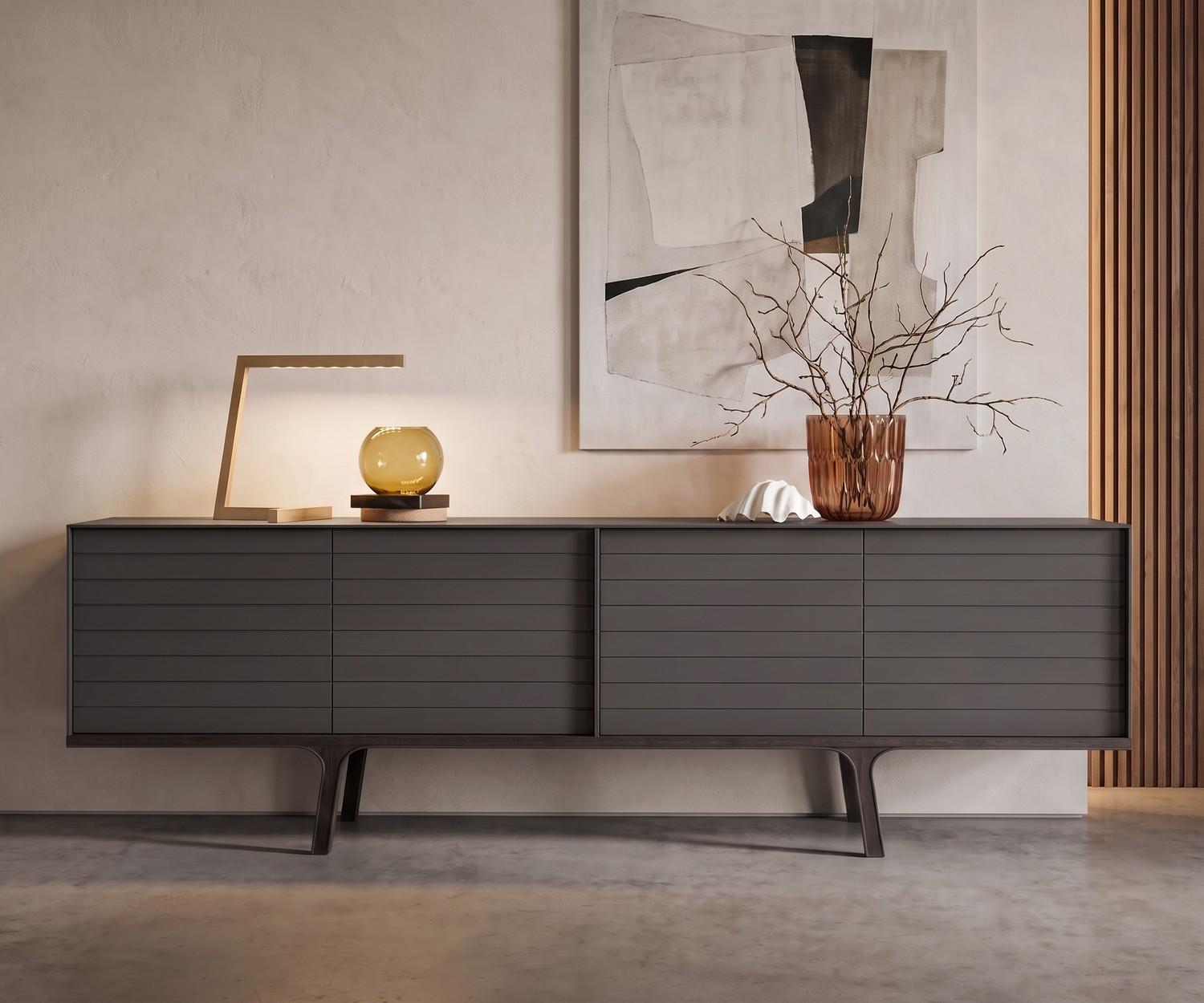 al2 Mobius 002 Minimalist Living Room Sideboard al2 Mobius 002 living room sideboard in dark grey with wooden legs, minimalist modern design and abstract wall art.