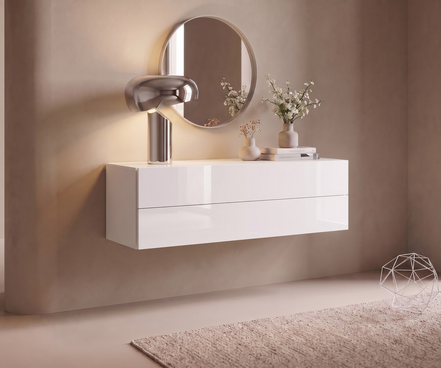 Weiße Novamobili Hängekommode Easy Novamobili Hängekommode Easy für Flur & Wohnzimmer in Weiß Hochglanz, minimalistisches Design mit Spiegel.