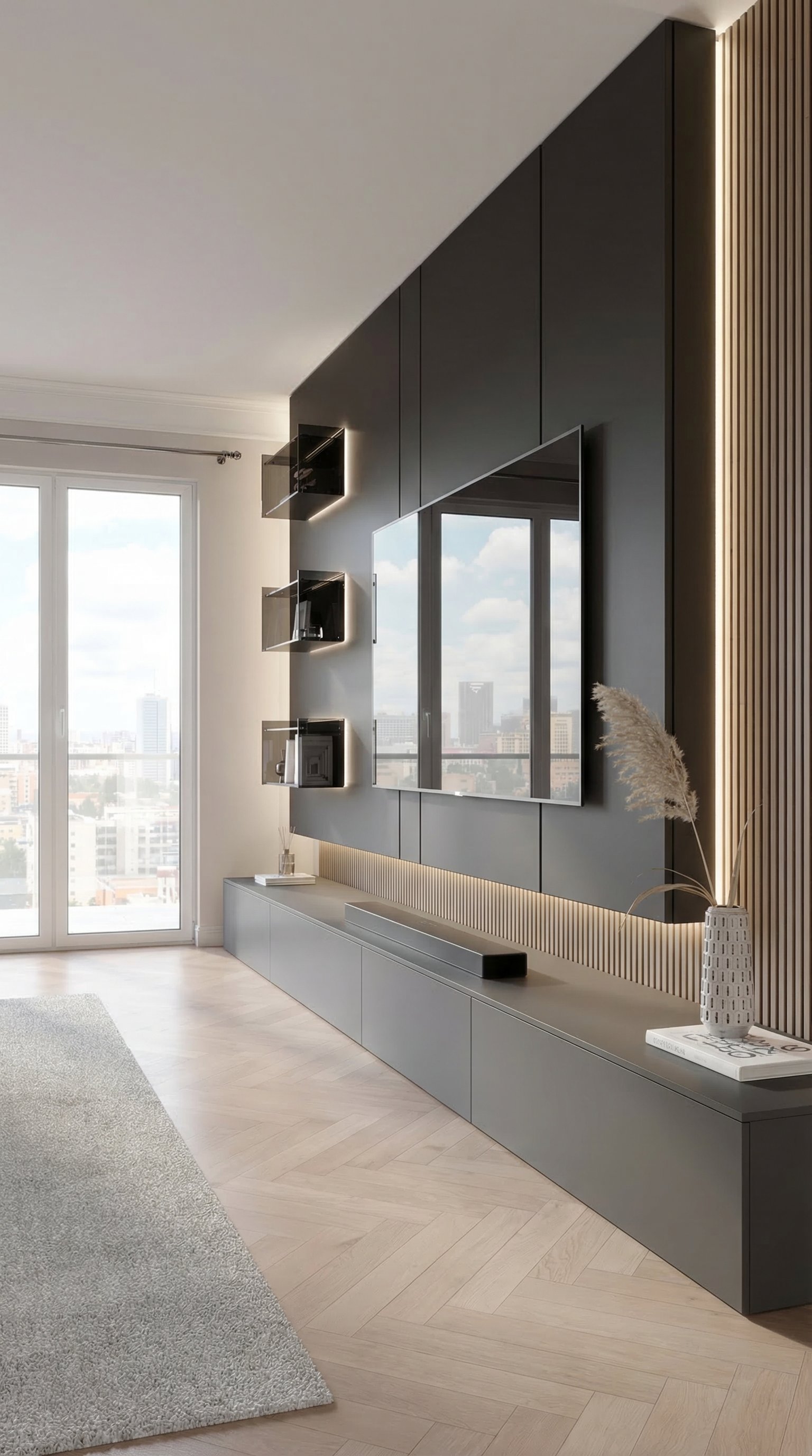 Eine luxuriöse, dunkle TV-Wohnwand mit LED-Hintergrundbeleuchtung, Holzlamellen und perfekt integriertem Fernseher ohne sichtbare Kabel. Eine luxuriöse, dunkle TV-Wohnwand mit LED-Hintergrundbeleuchtung, Holzlamellen und perfekt integriertem Fernseher ohne sichtbare Kabel.