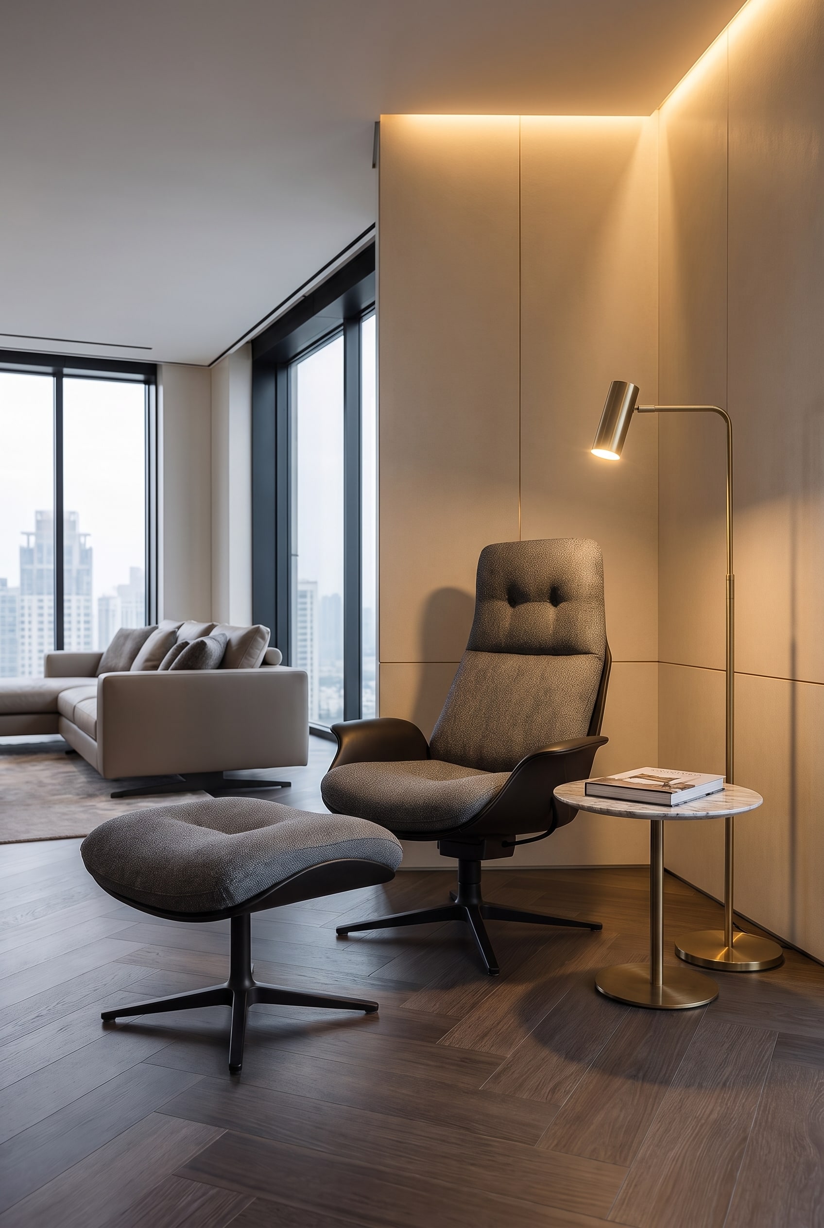 Bright reading nook in the living room with upholstered armchair and narrow floor lamp