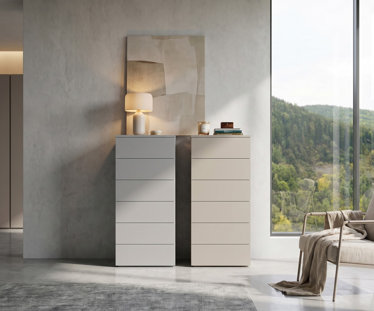 Livitalia Atena minimalistische Hochkommode Atena Hochkommode von Livitalia im Schlafzimmer für mehr Stauraum, minimalistische Schubladenkommoden in Weiß und Beige.