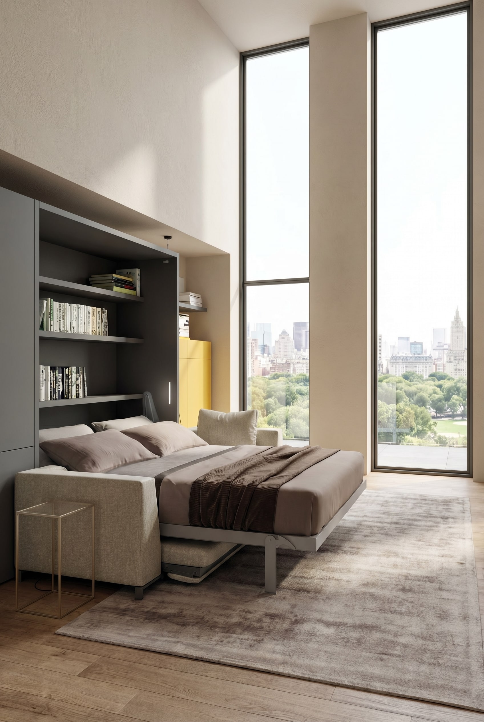 A modern living room in Modern Italian Luxury style with an unfolded wall bed and integrated sofa in light tones. A modern living room in Modern Italian Luxury style with an unfolded wall bed and integrated sofa in light tones.