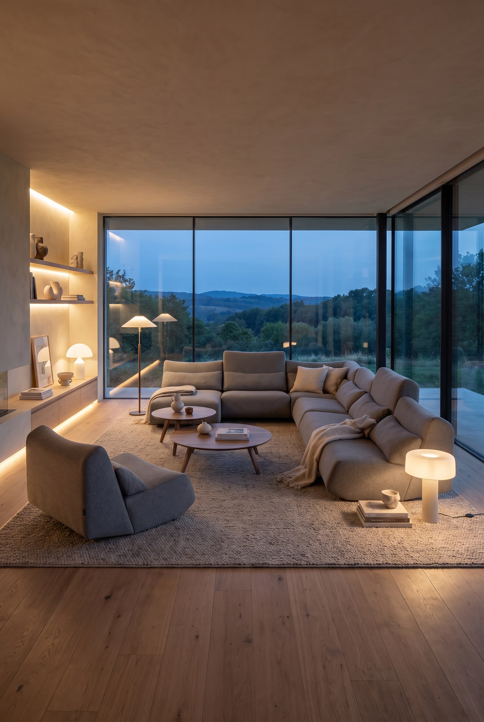 Divano letto moderno grigio con impunture marcate, tavolino da caff&egrave; minimalista ed elegante lampada da terra davanti a una parete a doghe di legno
