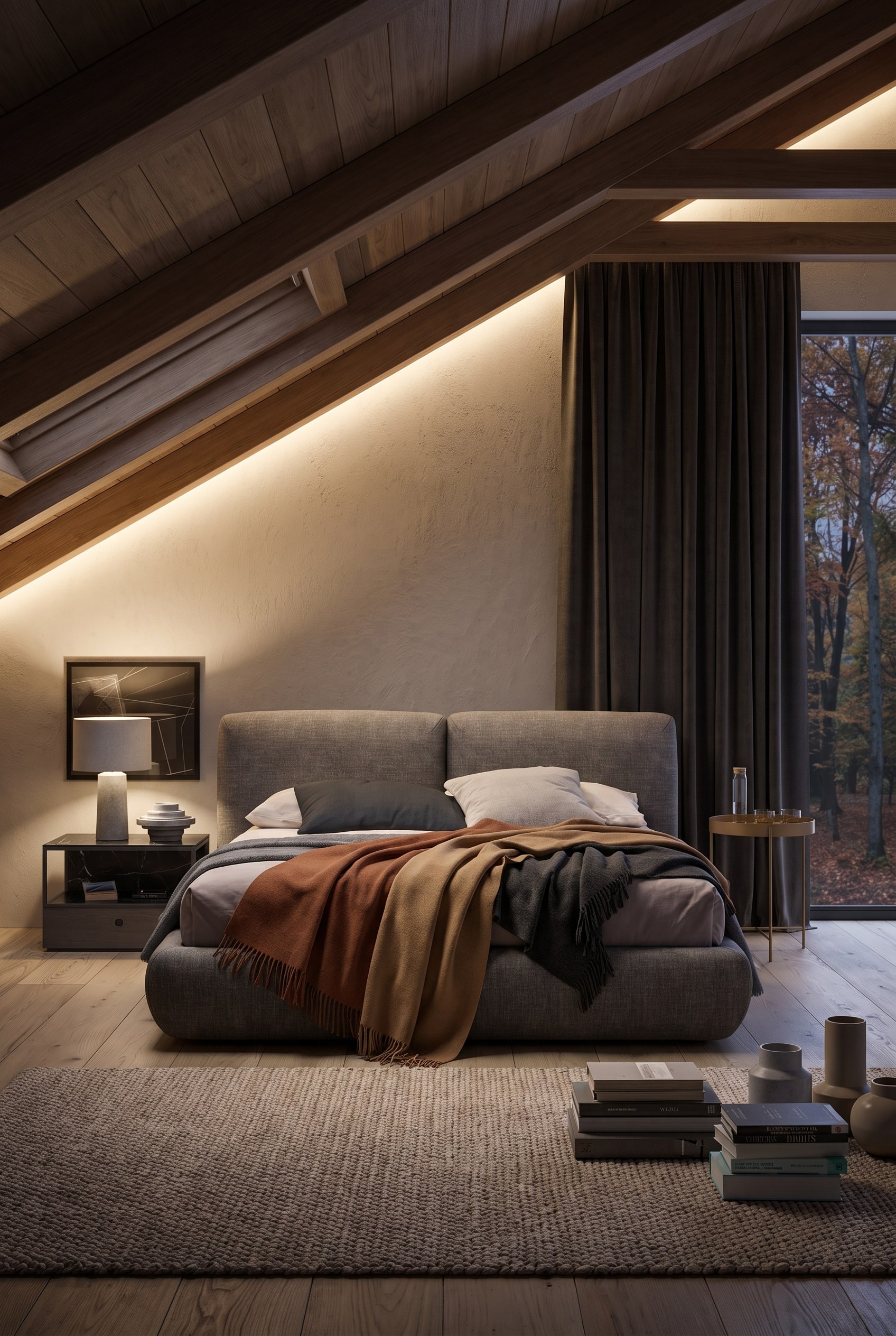 Close-up of a fully upholstered bed with thick felt and cashmere textiles, next to heavy curtains for sound dampening