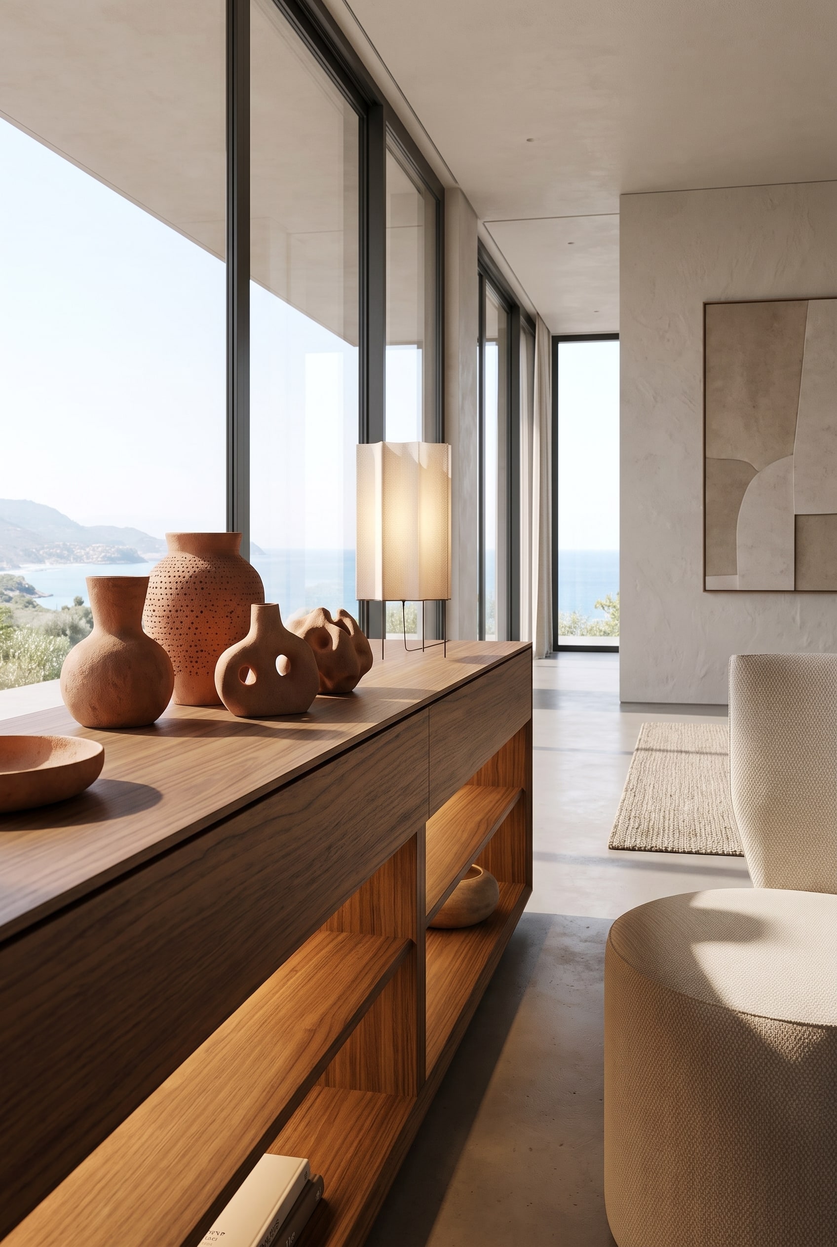 An elegantly decorated sideboard with bulbous ceramic vases, plastically highlighted by the soft, warm illumination of a Punt Velasca table lamp.