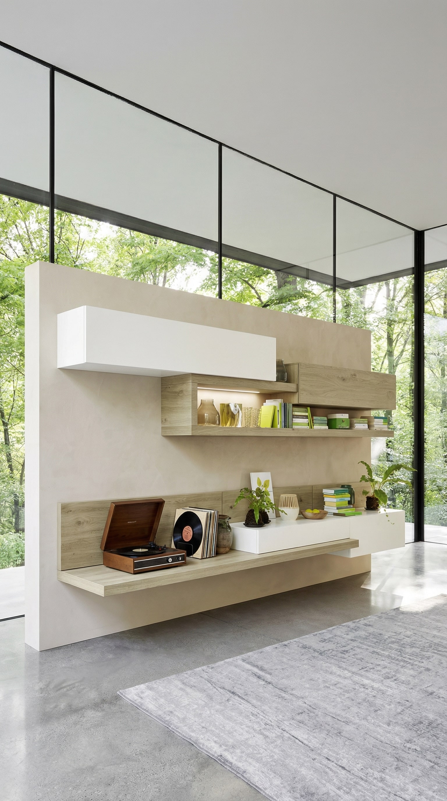 Asymmetrical living room wall unit with open shelves and closed fronts