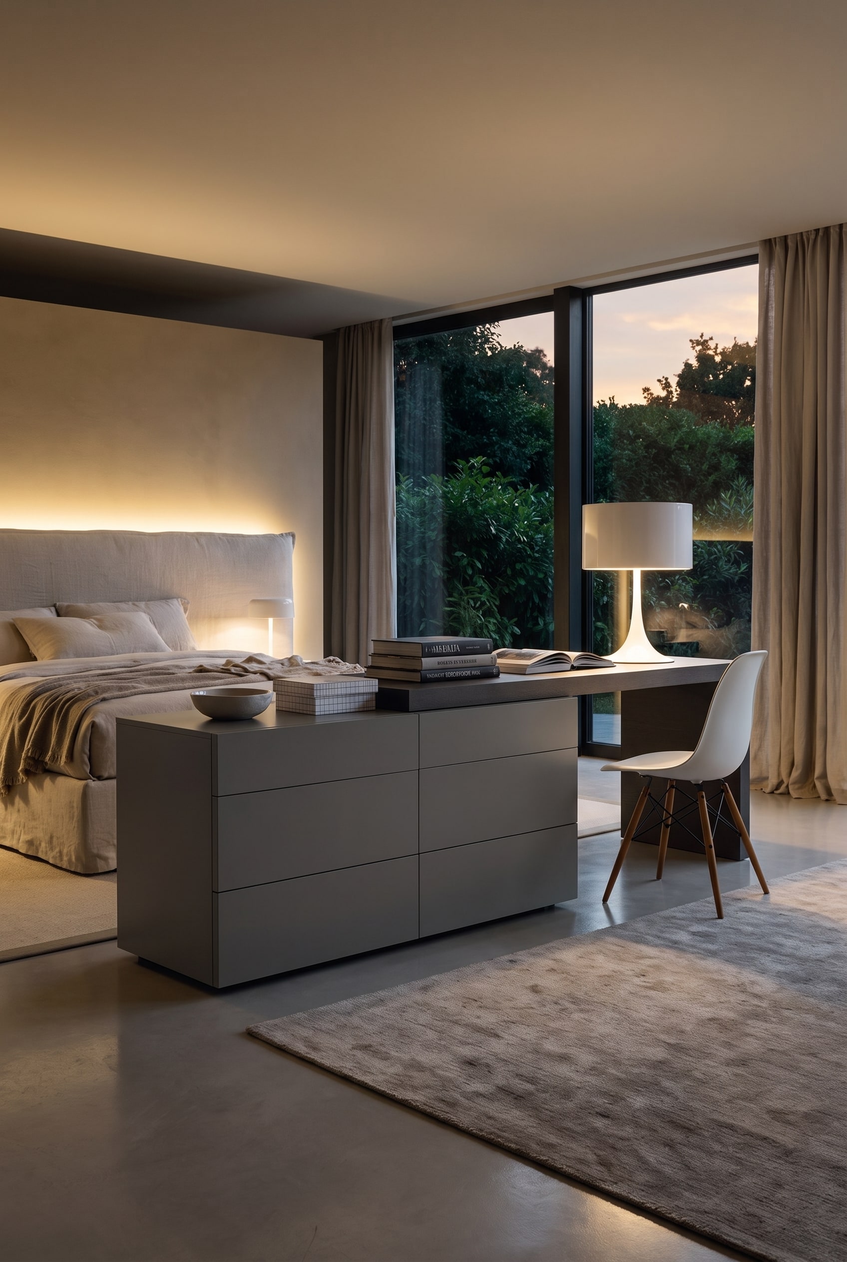 Luxe slaapkamer met een combinatie van donkere eikenhouten ladekast en ge&iuml;ntegreerd bureau, gedecoreerd met een tafellamp en fotoboeken.