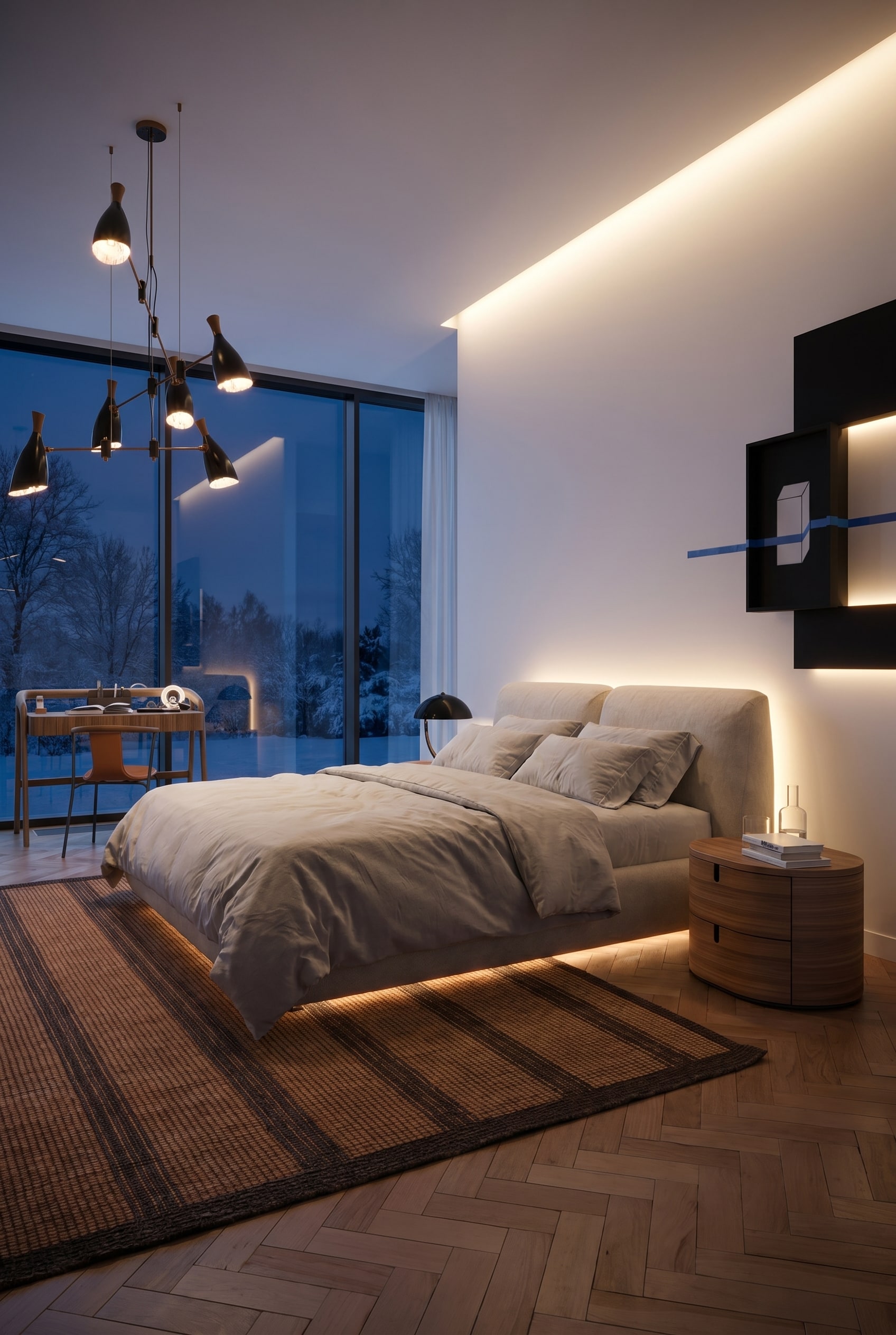 Elegante camera da letto con letto imbottito beige voluminoso e una morbida corona di luce sulla parete bianca posteriore