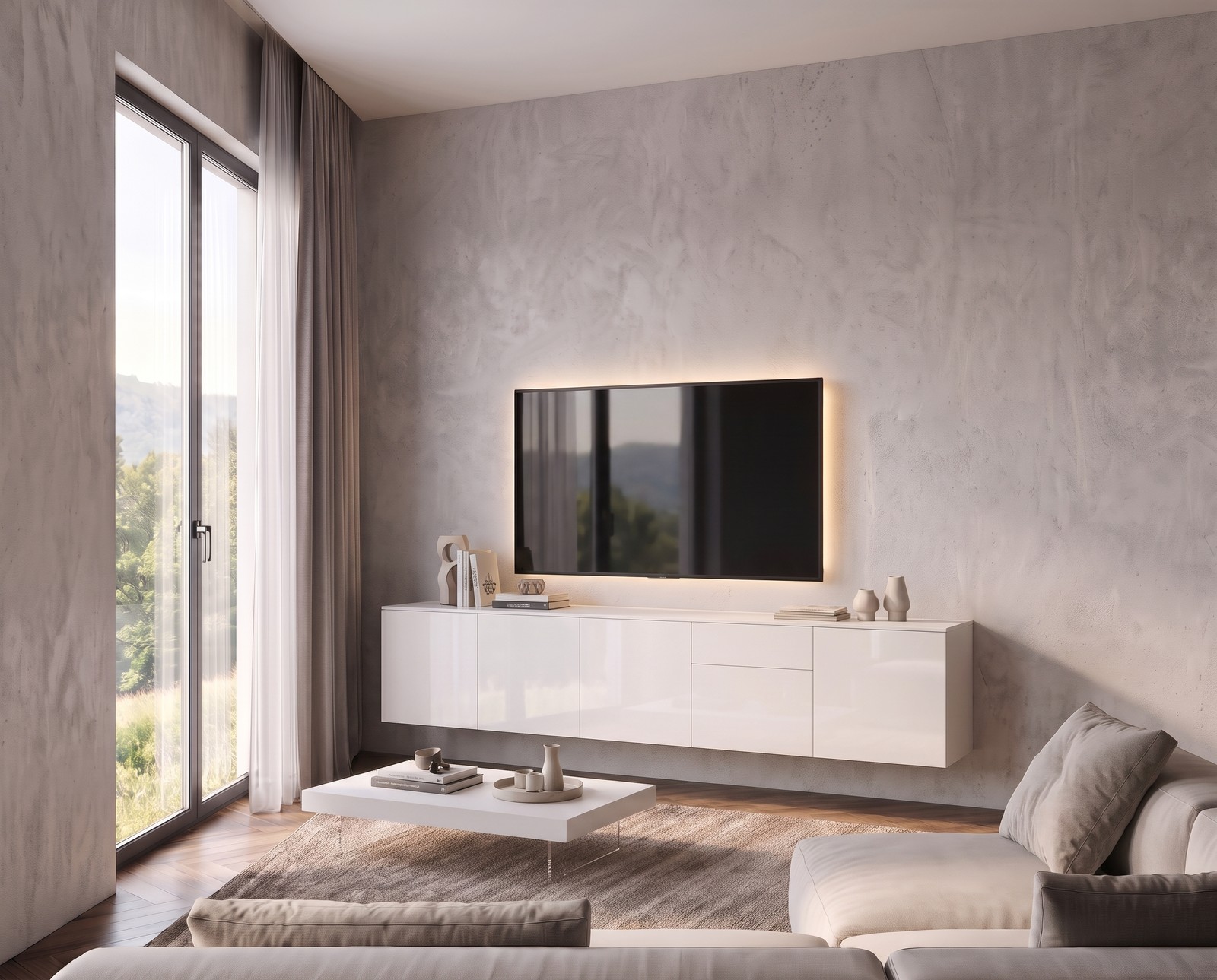 Side view of the wall-mounted Spaziora TV sideboard in high-gloss white, W 300 cm
