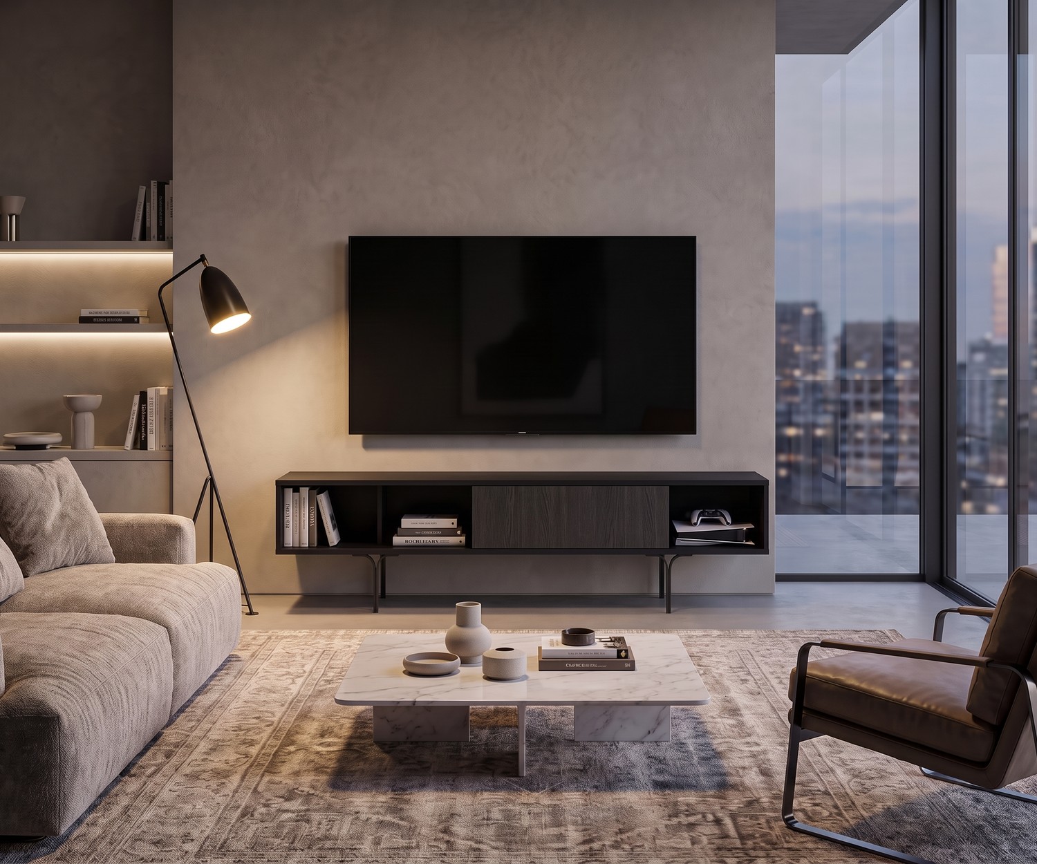 al2 Mobius 005 TV-Lowboard mit Eukalyptus-Schublade TV-Lowboard al2 Mobius 005 im eleganten Wohnzimmer, dunkles Design-TV-Board mit Holzschublade auf grazilen Beinen.