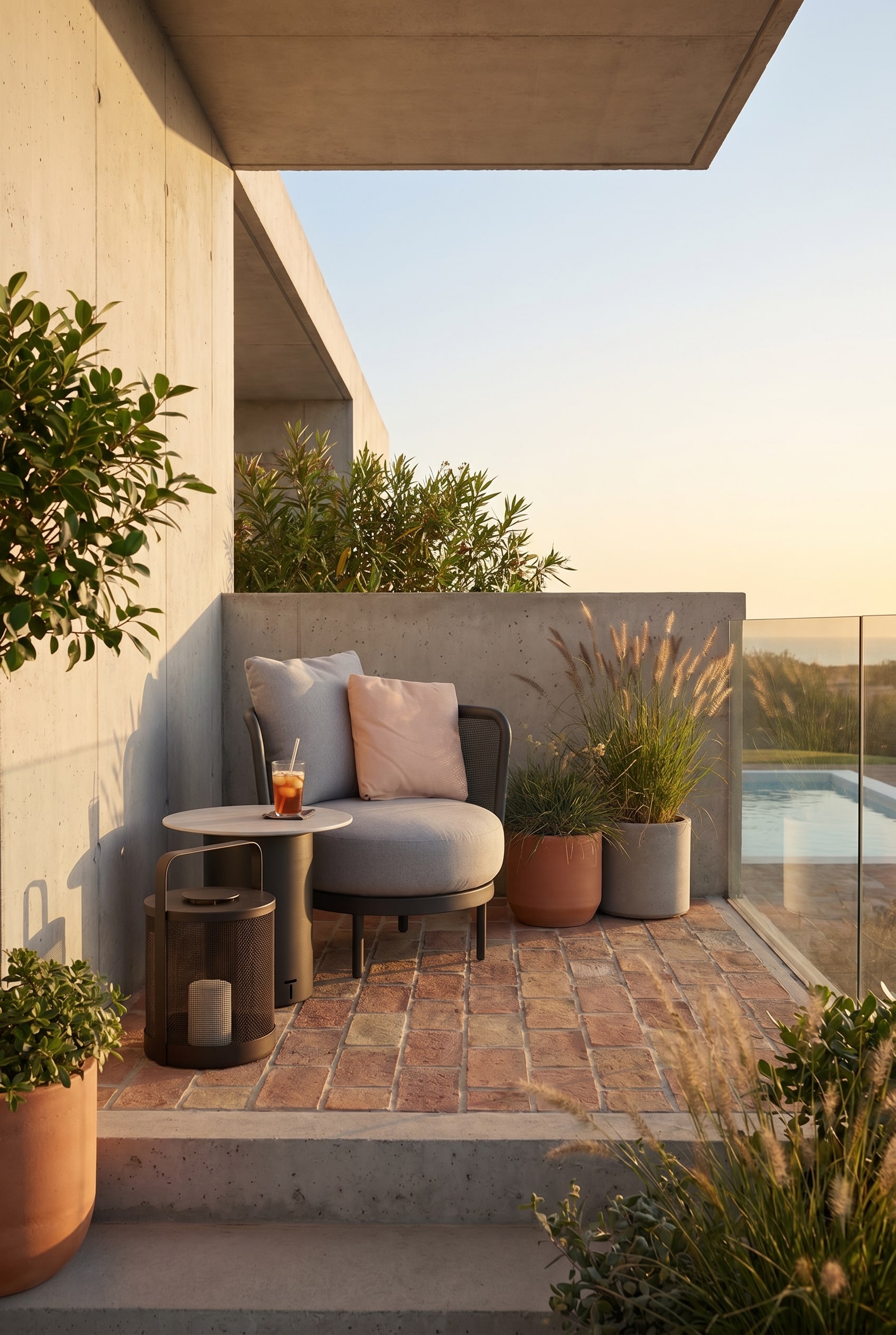 Angolo balcone con poltrona club rotonda da esterno in grigio tenue su piastrelle color terracotta