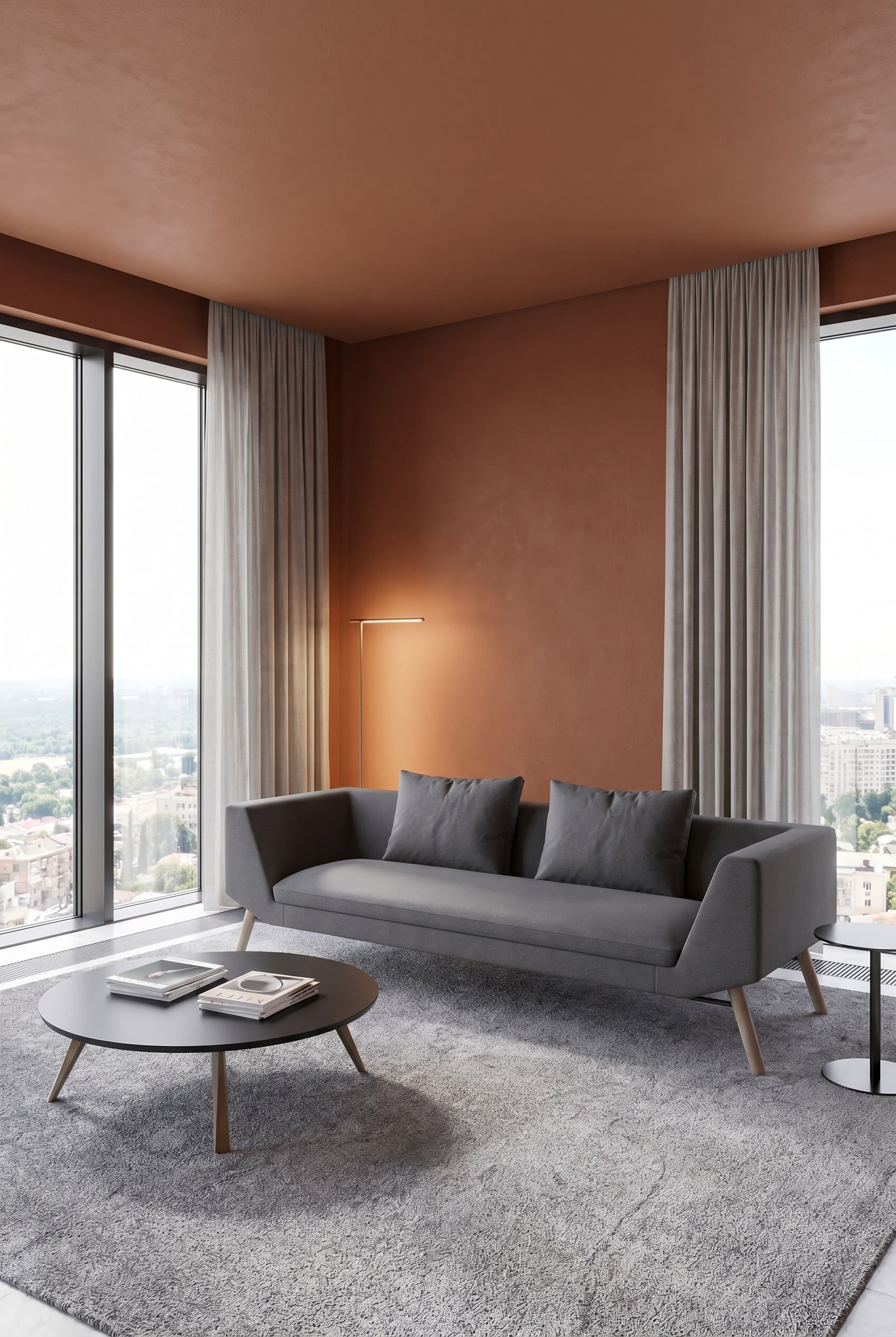 Royale lichte Prostoria Sofa Combine in een open woonkamer met warme aardekleurige muren