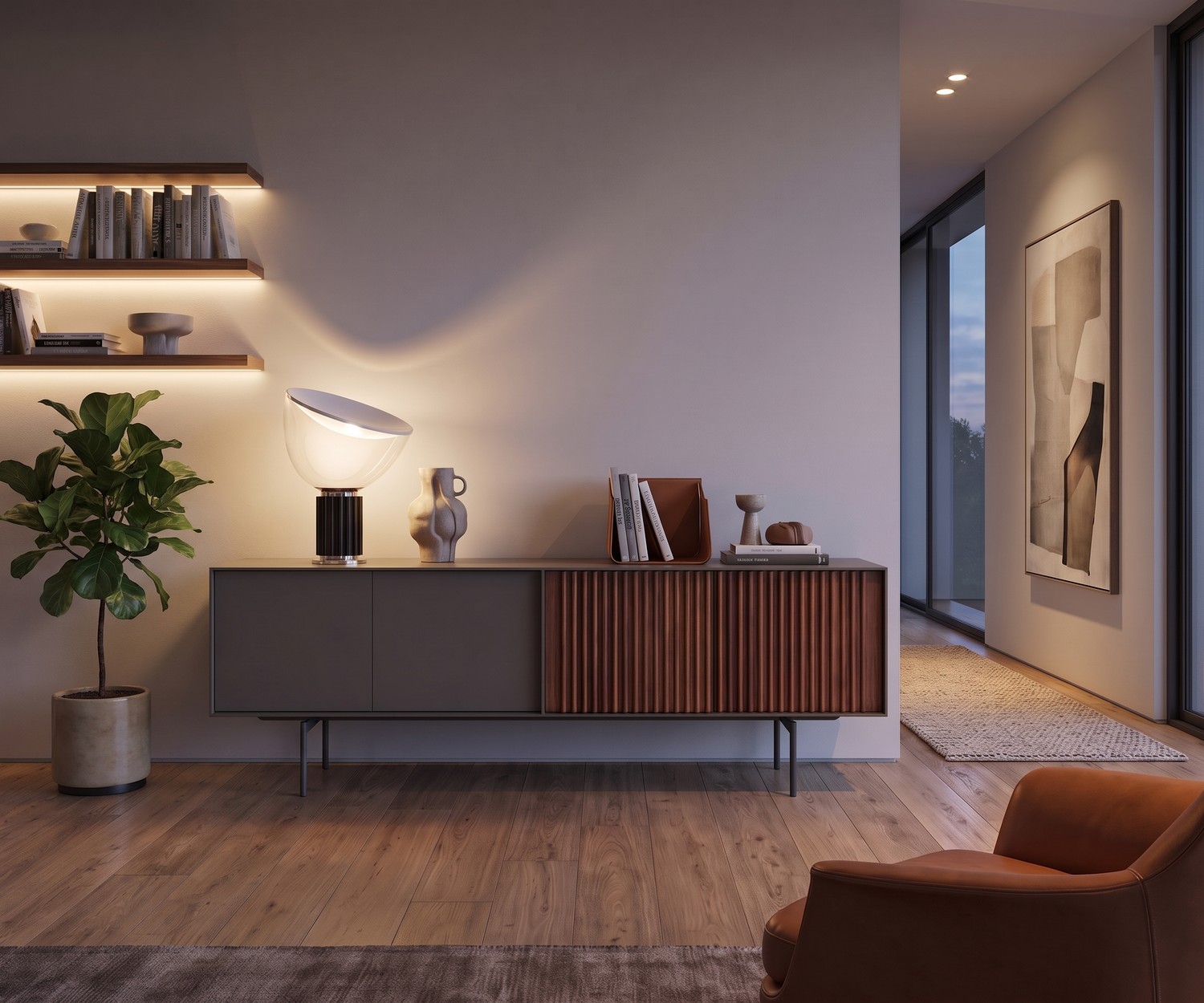 al2 ka-bera 003 B sideboard in a living room. Modern grey matte design credenza with walnut wood slats.