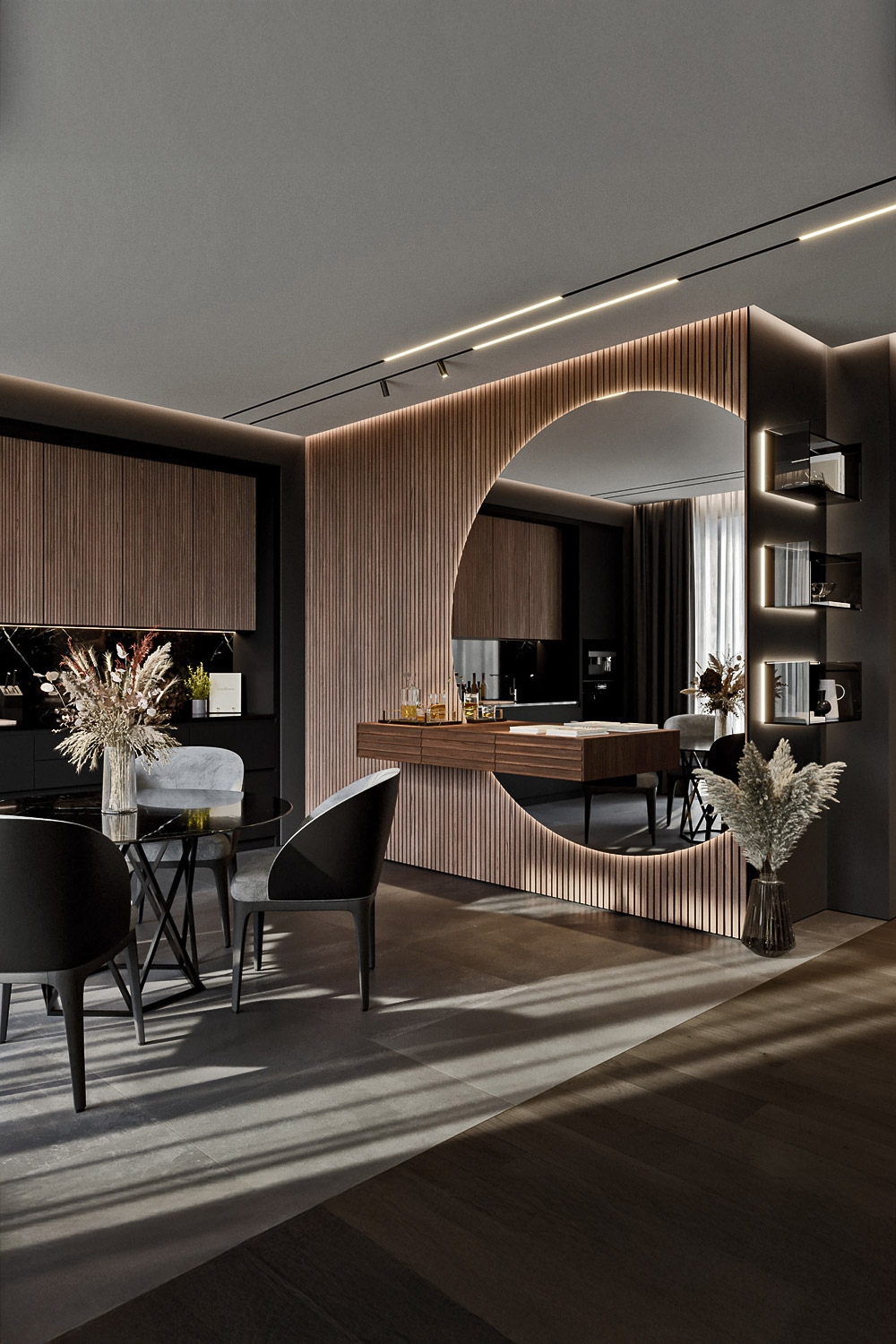 modernes-esszimmer-mit-esstisch-esszimmerstuehlen-kommode-und-wandregal-aus-verschiedenen-materialien