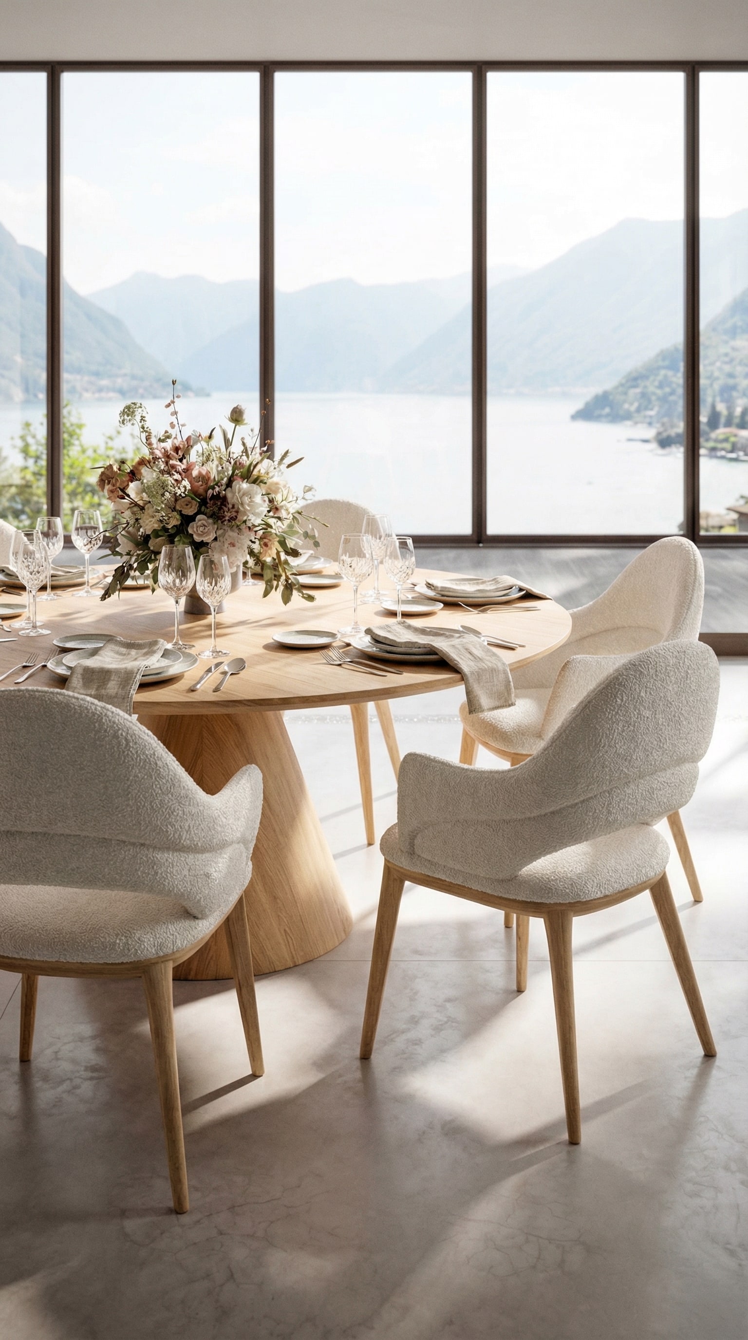 Ozzio Polsterstuhl Baia mit Boucl&eacute; Stoff an einem runden Holztisch