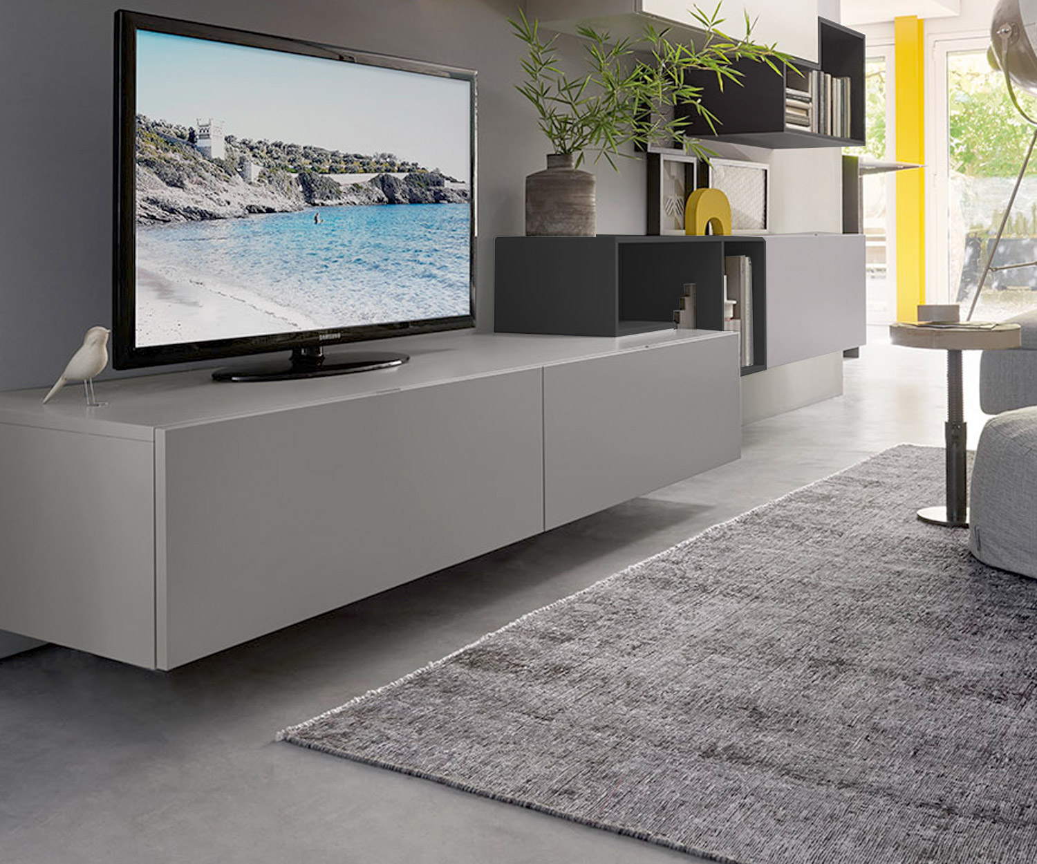 Tetris Design Wohnwand C19 mit TV Design Lowboard in grauer Mattlackierung Tetris Design Wohnwand C19 mit TV Design Lowboard in grauer Mattlackierung