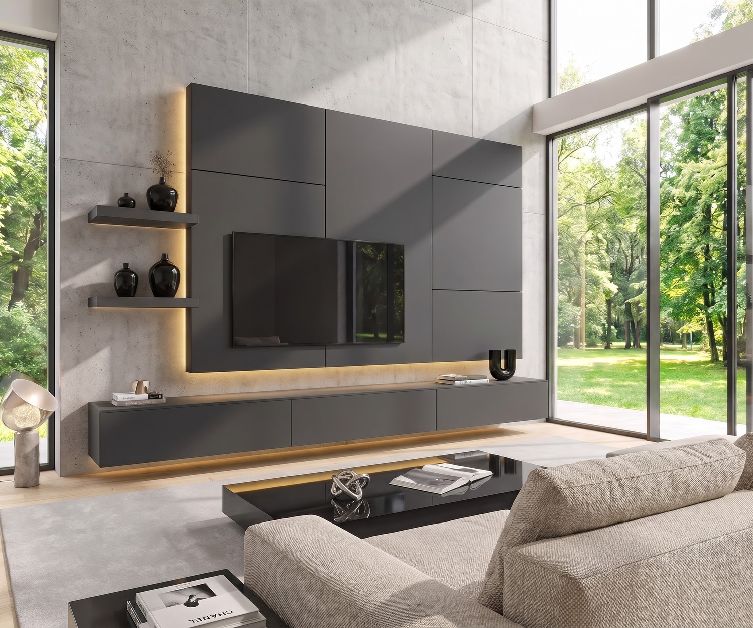 Livitalia C102 Modern Floating TV Wall Unit Livitalia C102 TV wall unit: Modern dark grey floating media console with backlit panel and shelves in a living room.