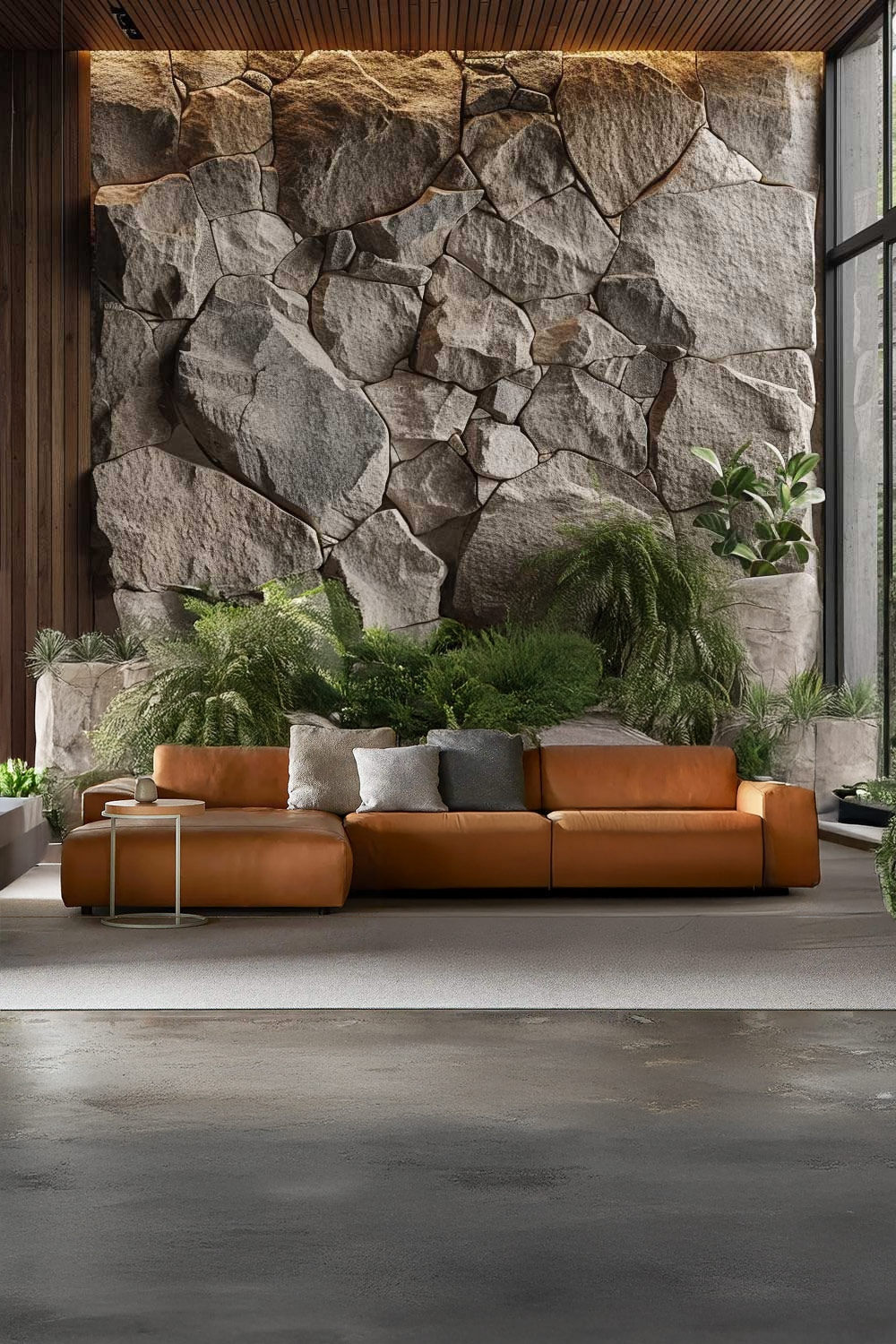 cognacfarbenes-ledersofa-vor-einer-wand-in-steinoptik-mit-gruenen-pflanzendetails