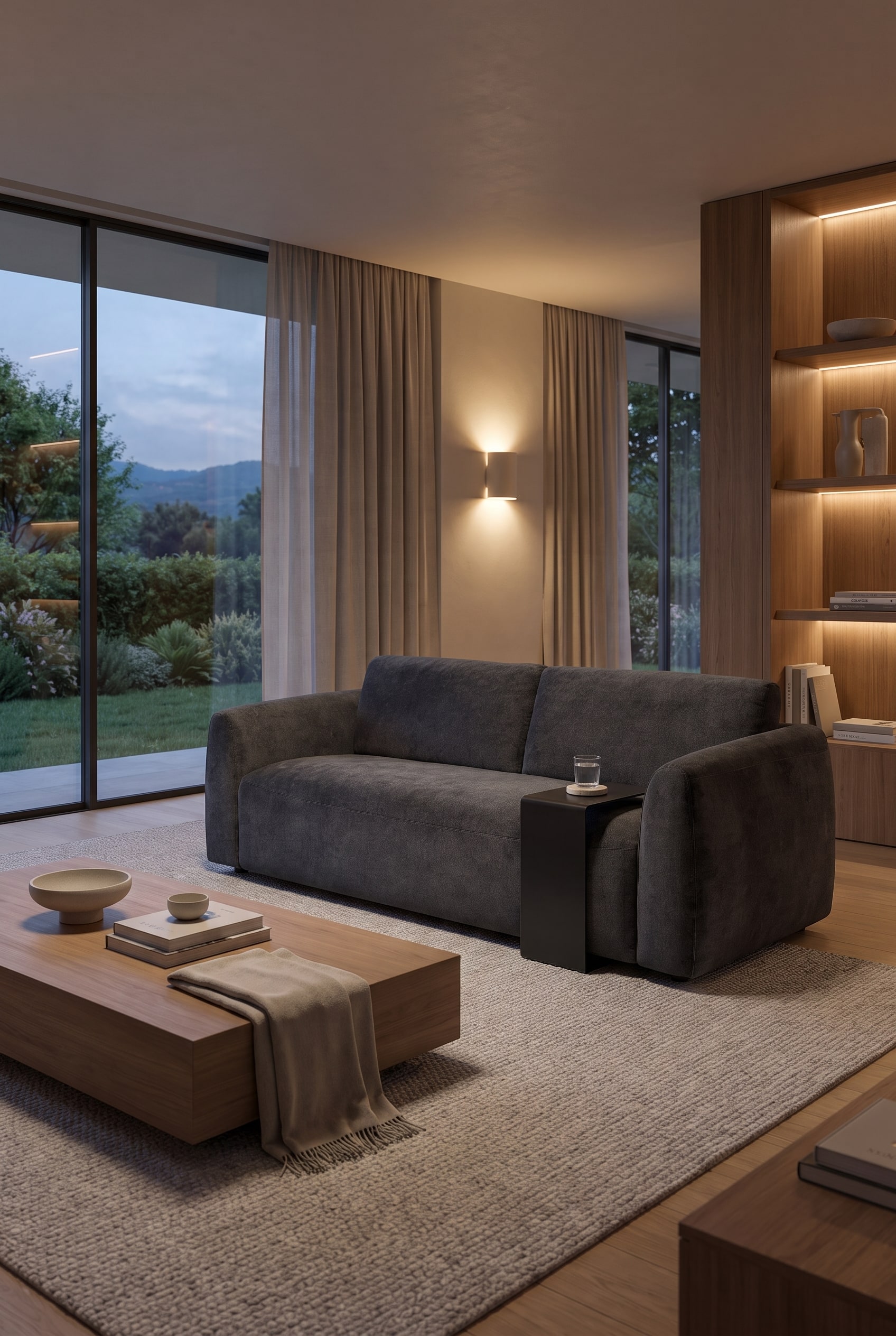 Großzügiges Wohnzimmer mit dem breiten Schlafsofa Dubleno in Anthrazit, weichen gerundeten Armlehnen, einem weichen Teppich und indirekter Wandbeleuchtung