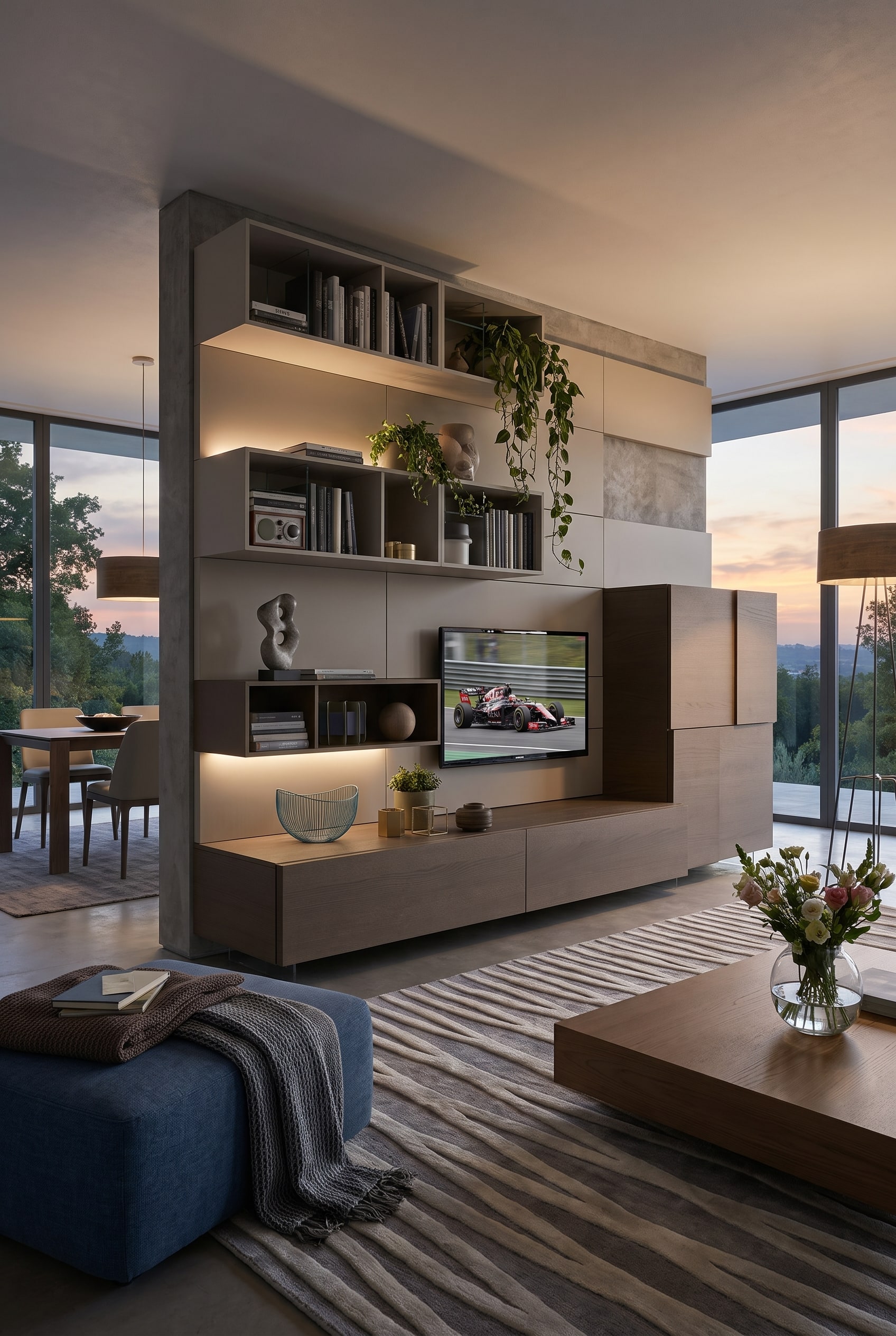 Spacious living room with an elegant, freestanding room divider shelf in wood look, separating the lounge area from the dining area.