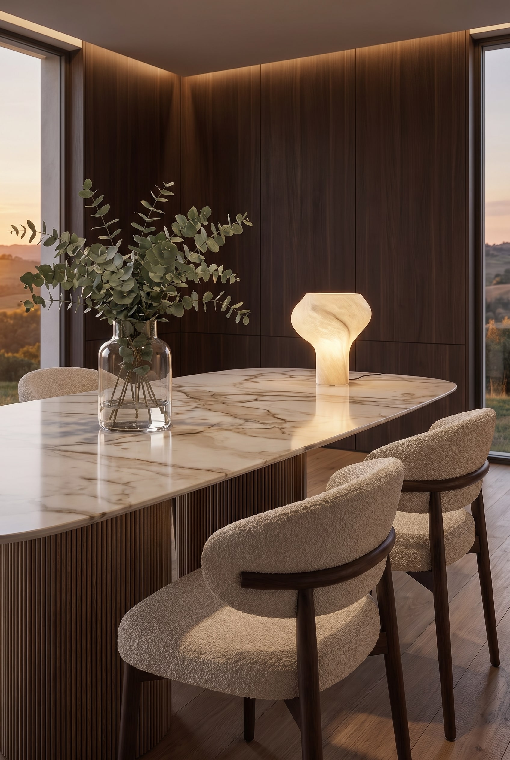 Moderne eettafel al2 dakry b 001 in een luxueuze, warm verlichte eetkamer, die de ruimte optisch verfraait.