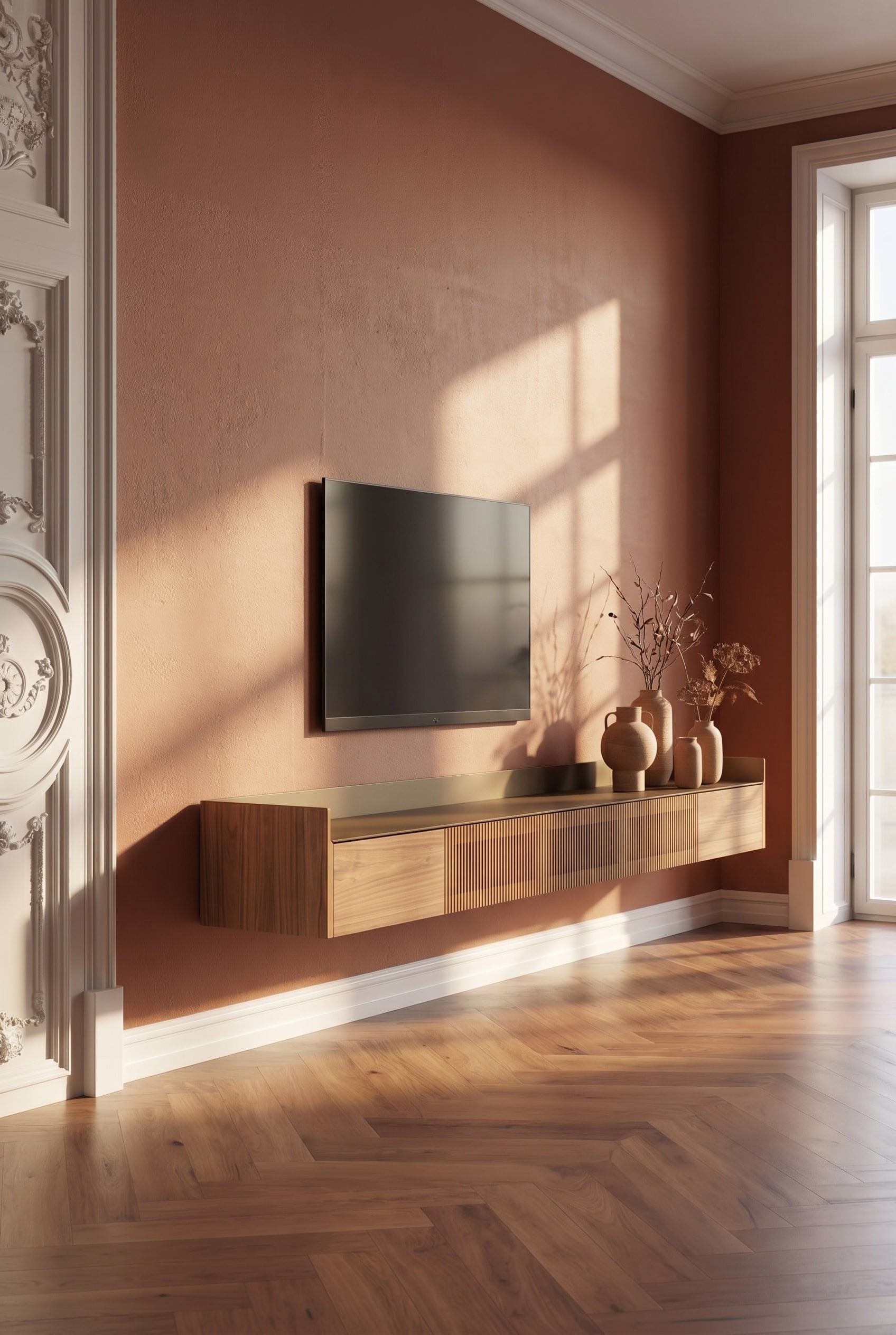 Woonkamer met wandhangend houten dressoir met lamellenfront en matte keramische vazen