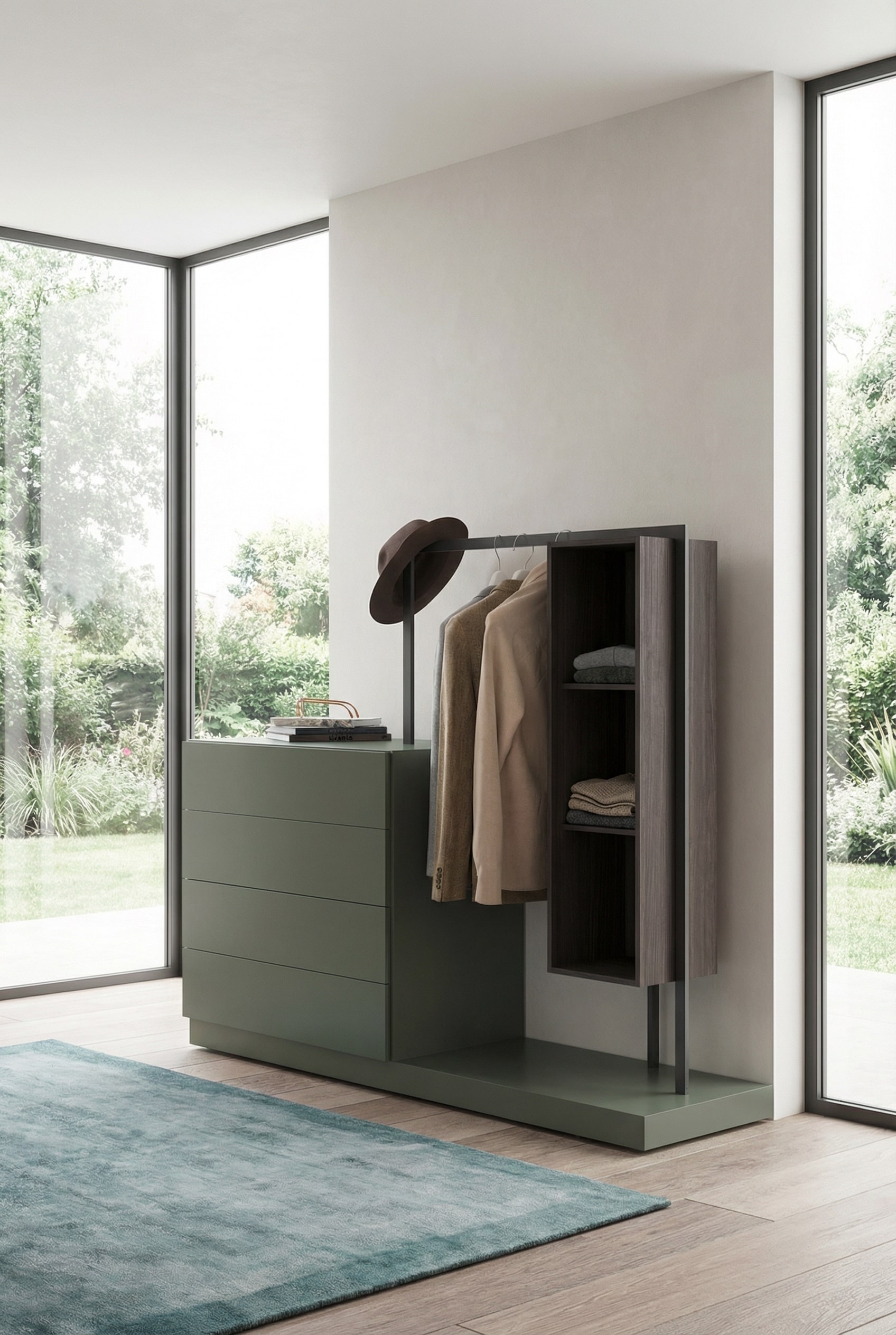 Novamobili Commode Easy 4 met geïntegreerde garderobe in een open slaapkamerconcept. Novamobili Commode Easy 4 met geïntegreerde garderobe in een open slaapkamerconcept.
