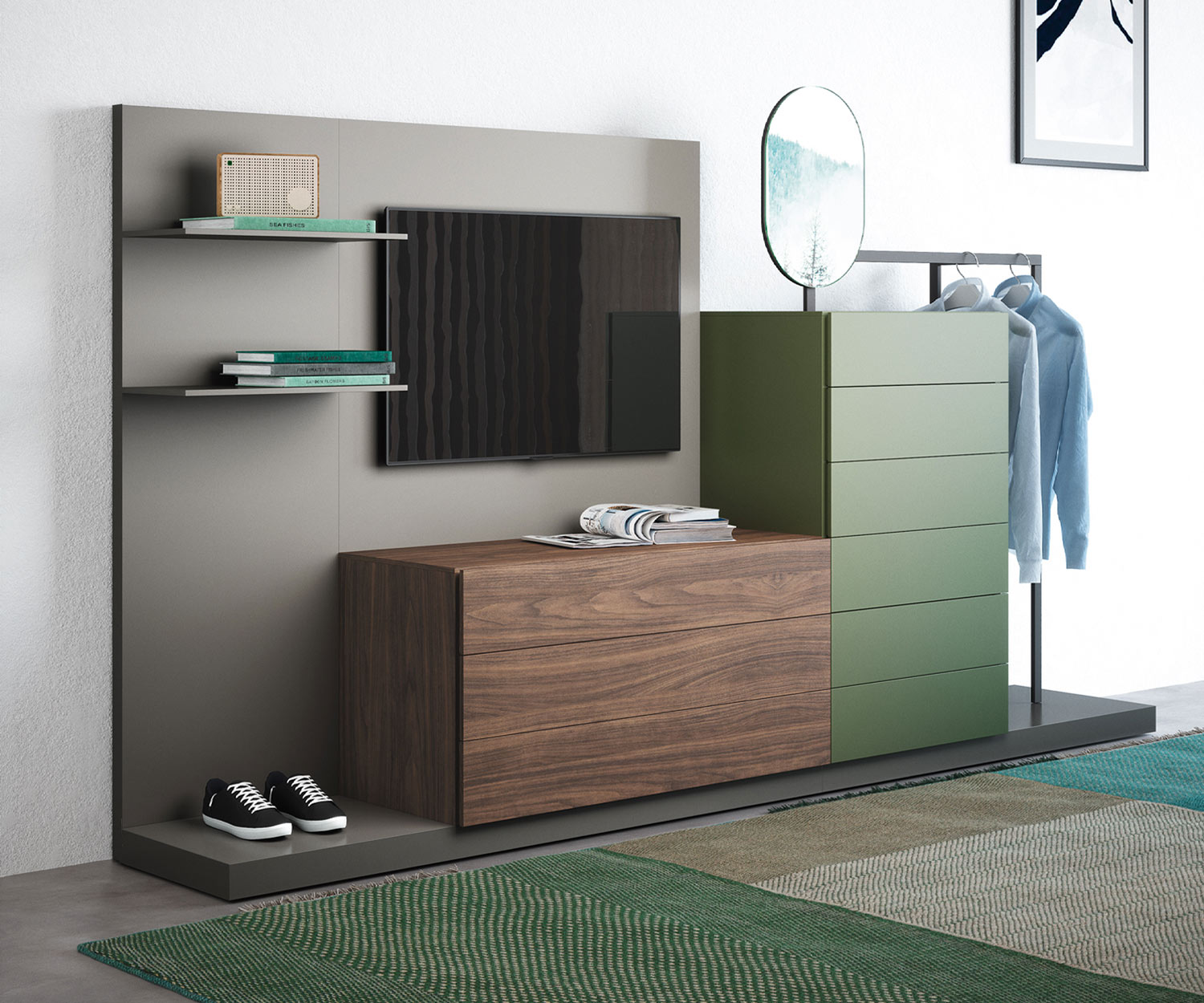 Exklusive Design Kommode Easy 9 mit Garderobe und TV Paneel von Novamobili