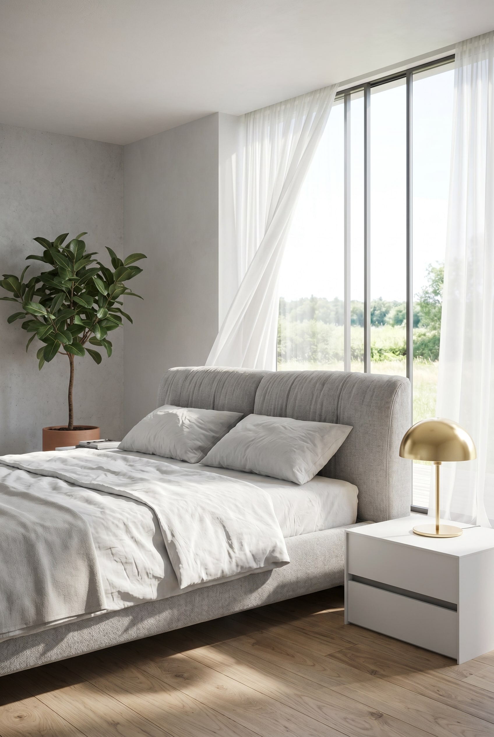 Airy bedroom with a grey upholstered bed, white linen bedding, a minimalist table lamp, and a large green plant
