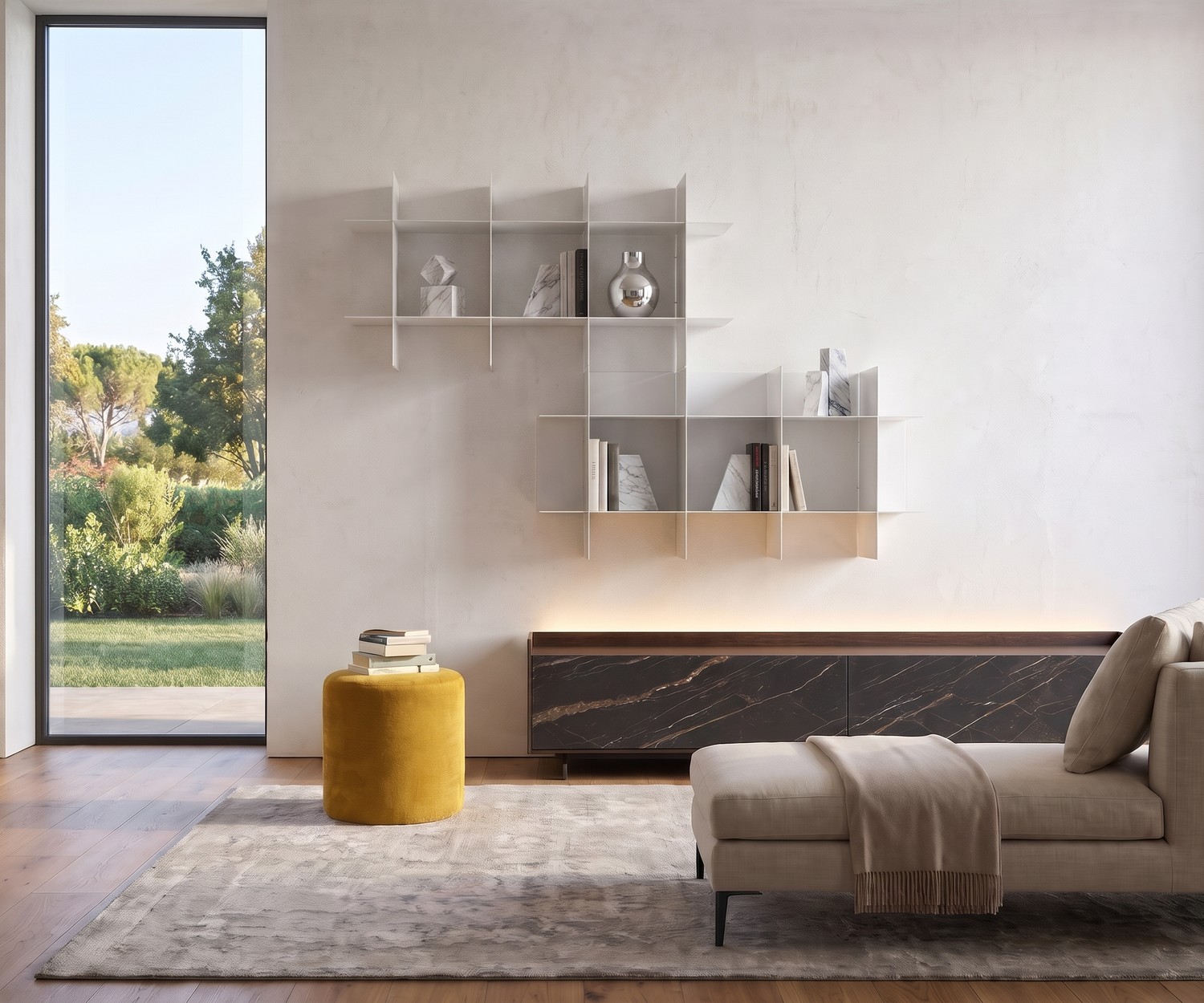 MEME Design Innesto Modular Metal Wall Bookshelf MEME Design Innesto modular metal wall bookshelf unit in a modern living room setting above a low sideboard.