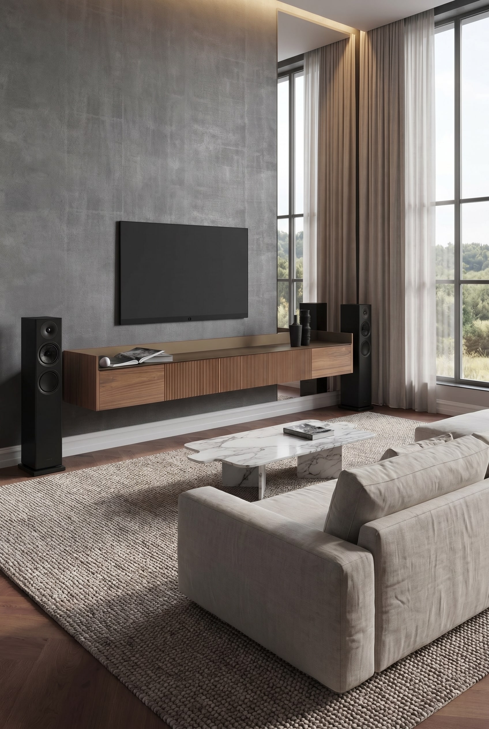 Moderne woonkamer met wandhangend tv-dressoir in notenhout en zwarte vloerstaande luidsprekers in warm avondlicht