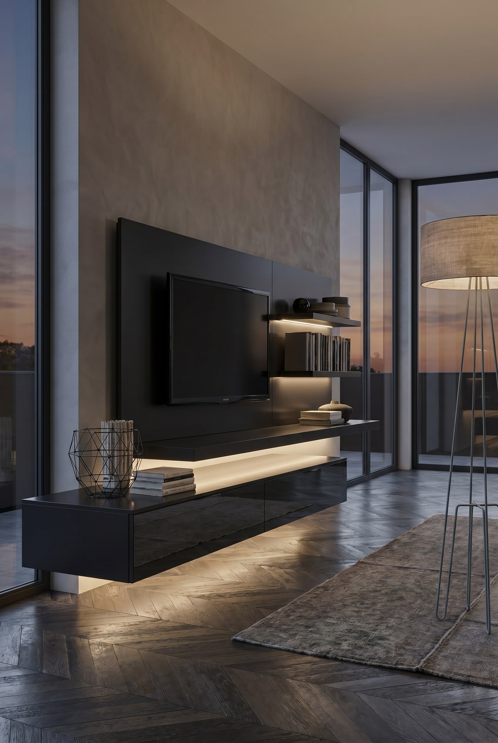 Indirekt beleuchtete Wohnwand, die warmes Licht (2700 Kelvin) in den Wohnraum strahlt