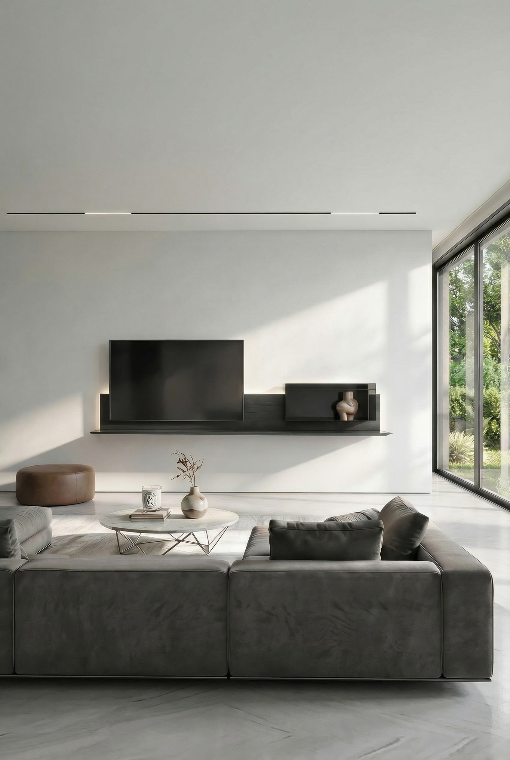 Komplett schwebendes, minimalistisches TV-Wandboard im Wohnzimmer