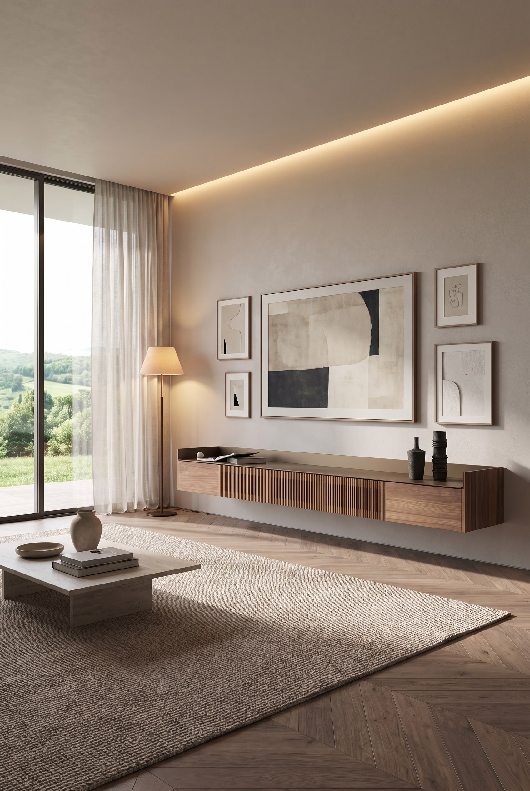Modernes Wohnzimmer mit flachem wandh&auml;ngendem Echtholz-Sideboard und einem gro&szlig;formatigen Kunstbild dar&uuml;ber