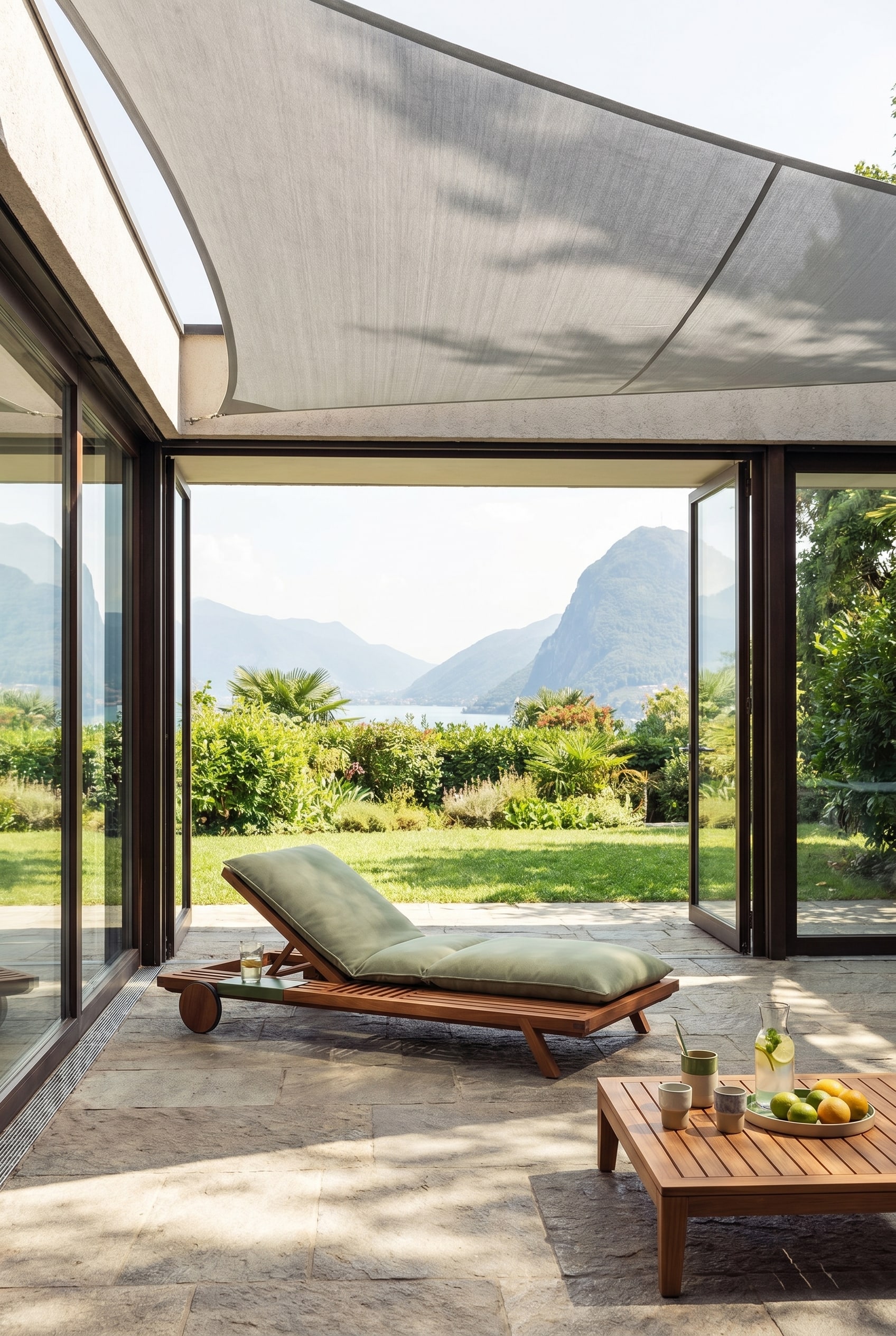 Area di transizione con grandi vetrate, vela parasole grigio chiaro e la massiccia lounge in legno Prostoria Umomoku con cuscini verde salvia