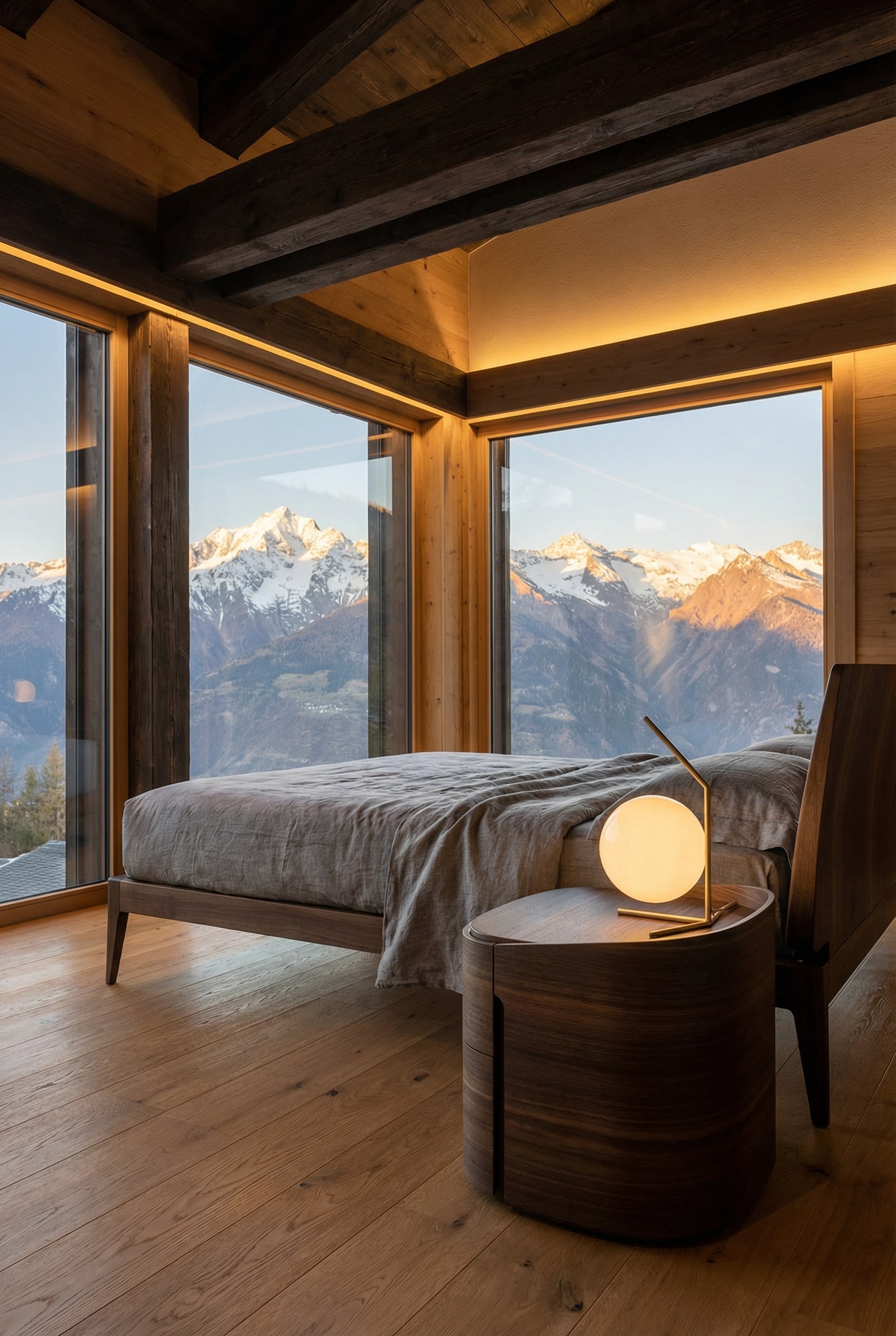 Livitalia Round Nightstand in a bright bedroom with large windows Livitalia Round Nightstand in a bright bedroom with large windows