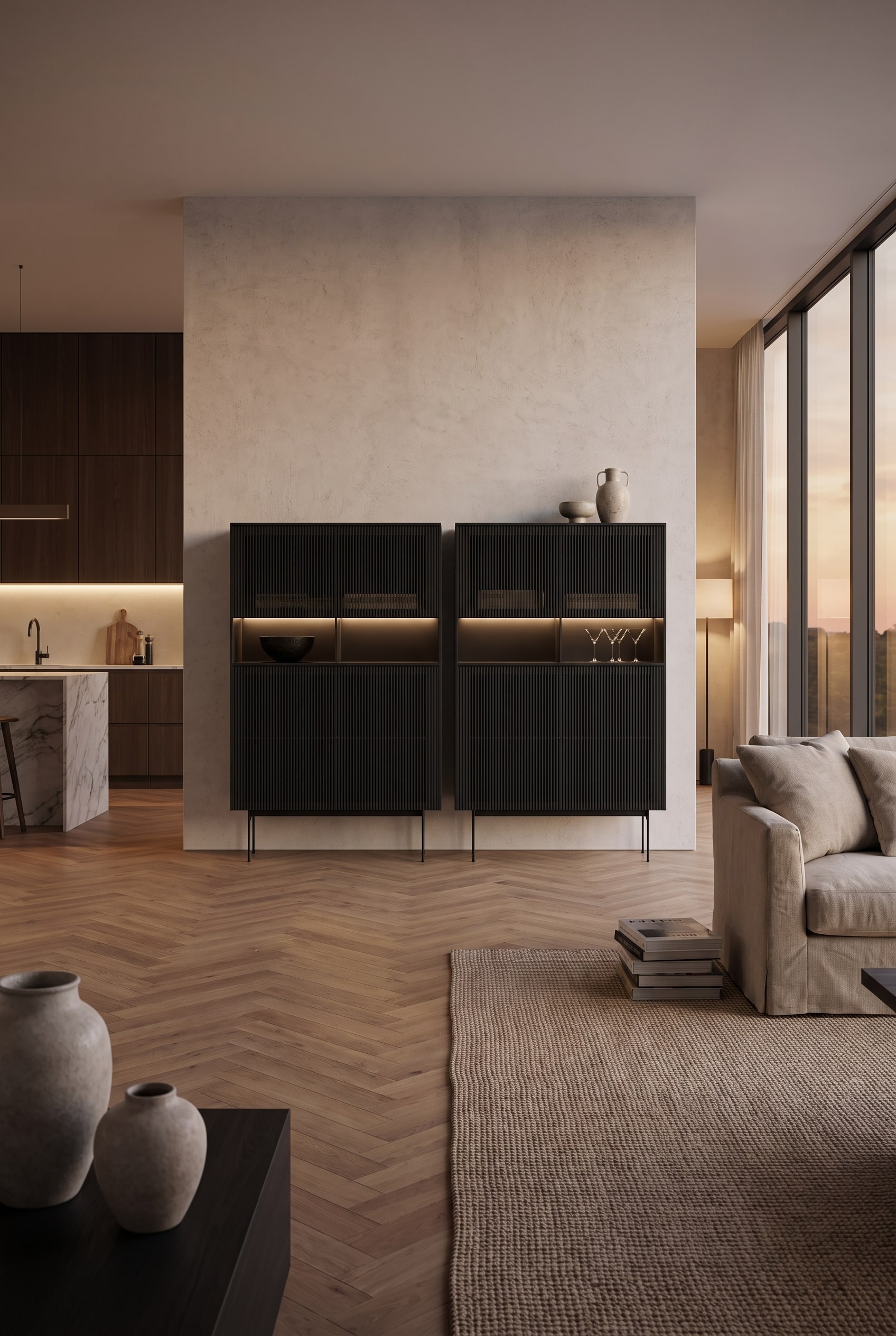 Elegantes Highboard mit Holzlamellen, das im Übergangsbereich von Küche und Wohnzimmer als stilvolle Aufbewahrung für Geschirr dient.