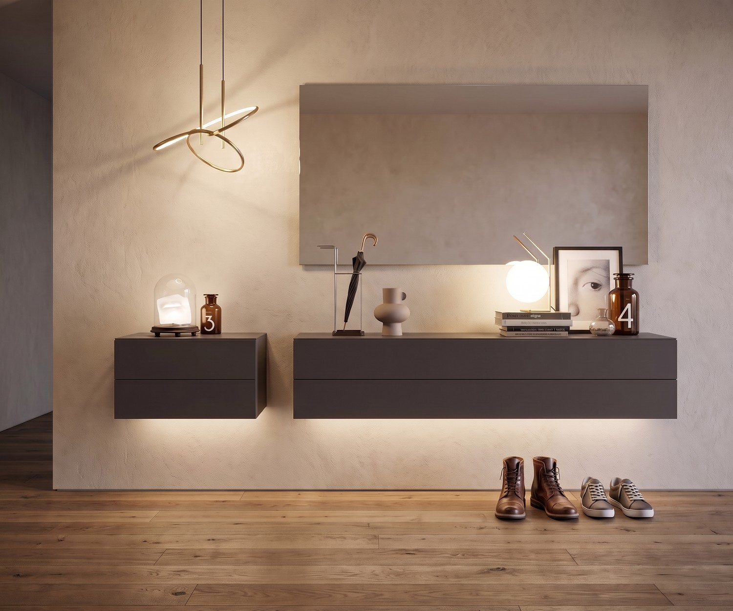 Novamobili Easy Hängekommode mit 2 Schubladen im Flur. Schwebendes Design-Sideboard in Grau im minimalistischen Stil.