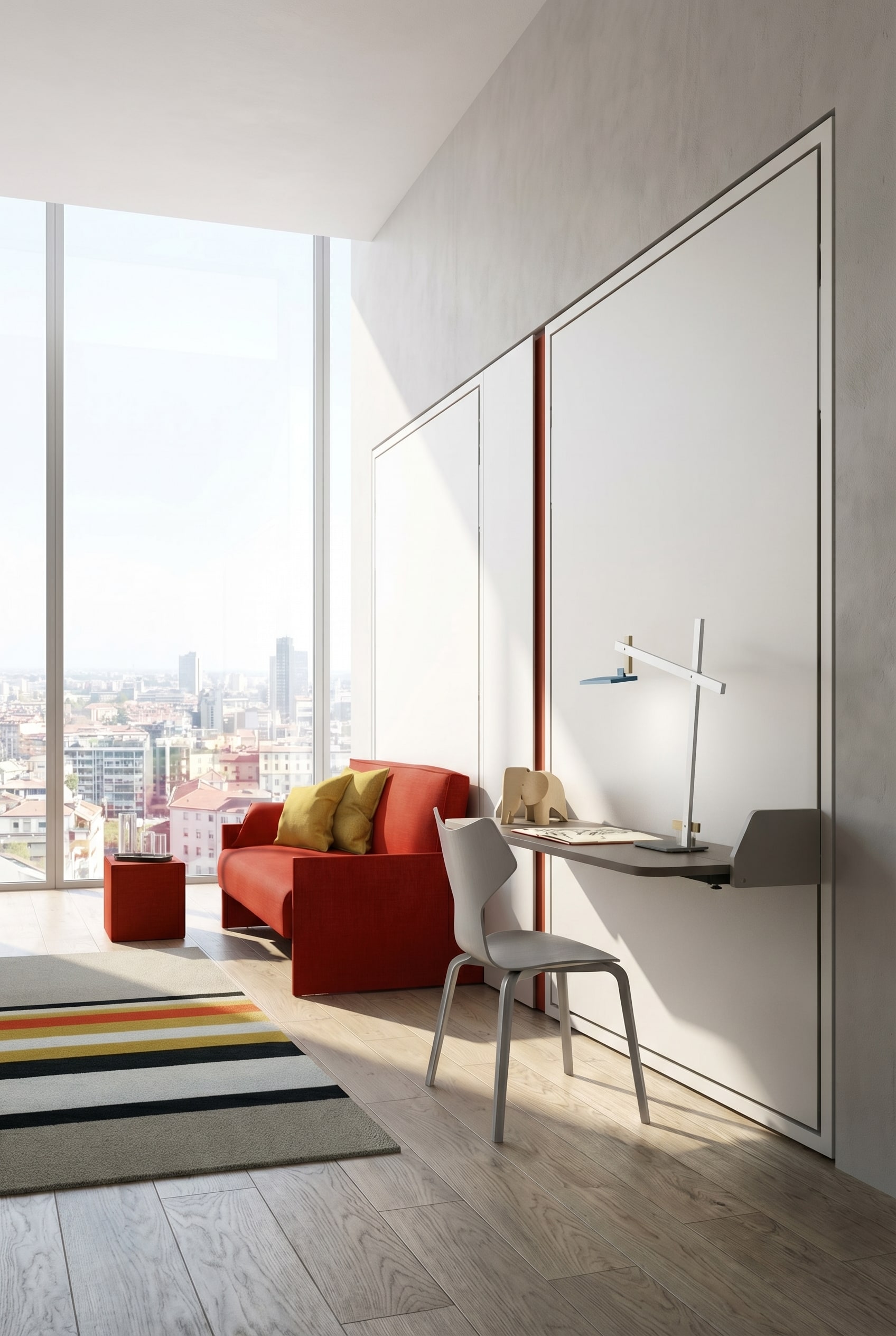 A tidy home office in a luxurious style with a space-saving, folded-up single bed on the wall.