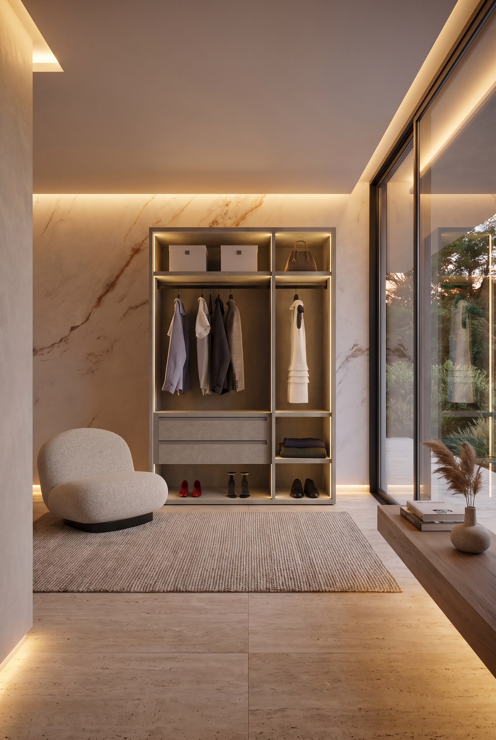 Una scarpiera moderna e sospesa in corridoio con illuminazione LED indiretta, completata da un guardaroba aperto ed elegante.