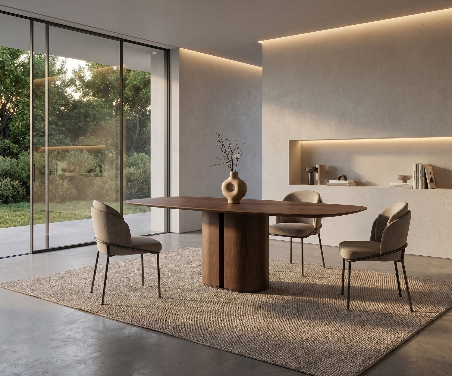 al2 el-it c 001 oval wooden dining table al2 el-it c 001 dining table in wood, minimalist modern dining room with chairs, rug and garden view.