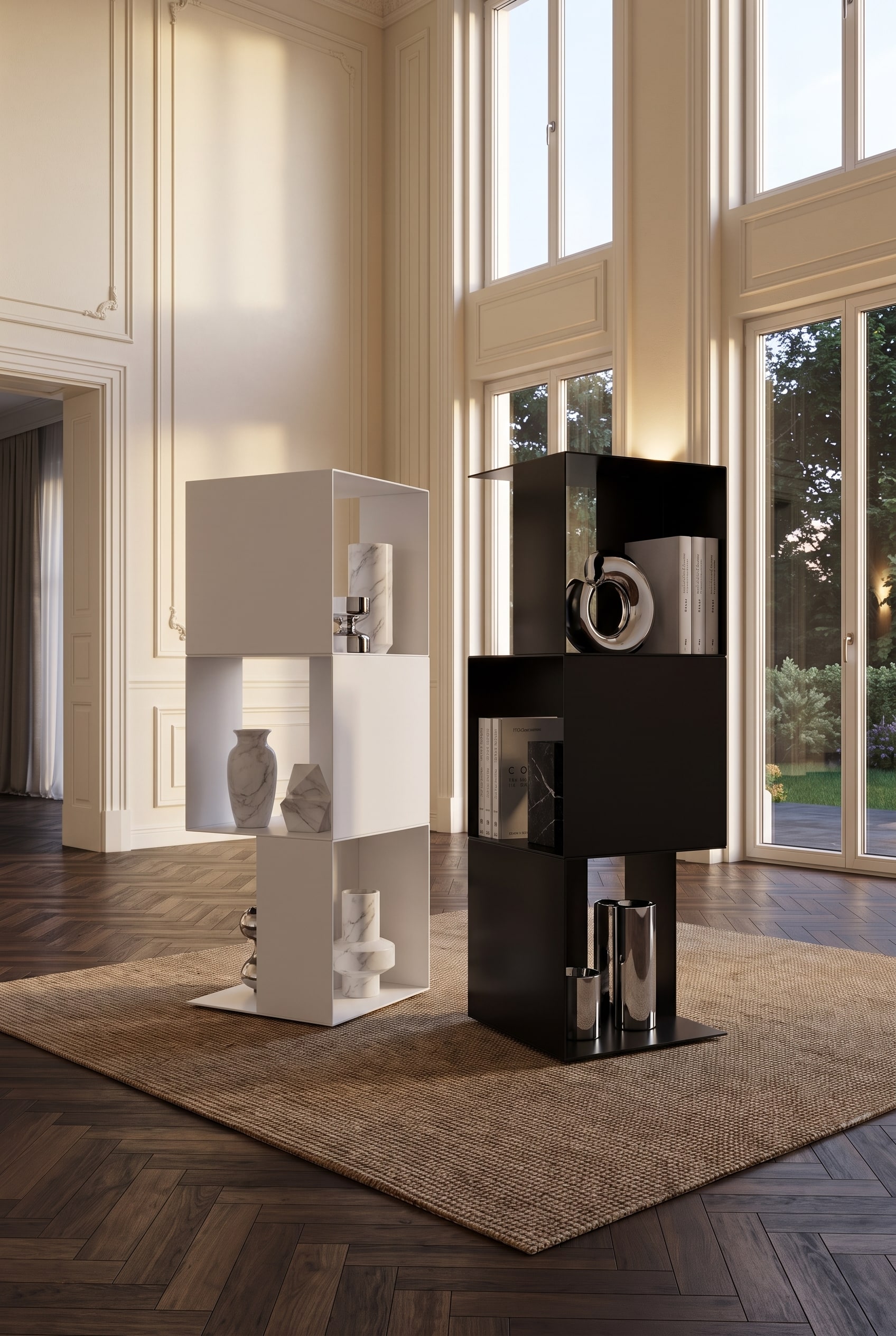 Sculptural, asymmetrical freestanding shelf as a room divider in a spacious, light-filled old building gallery